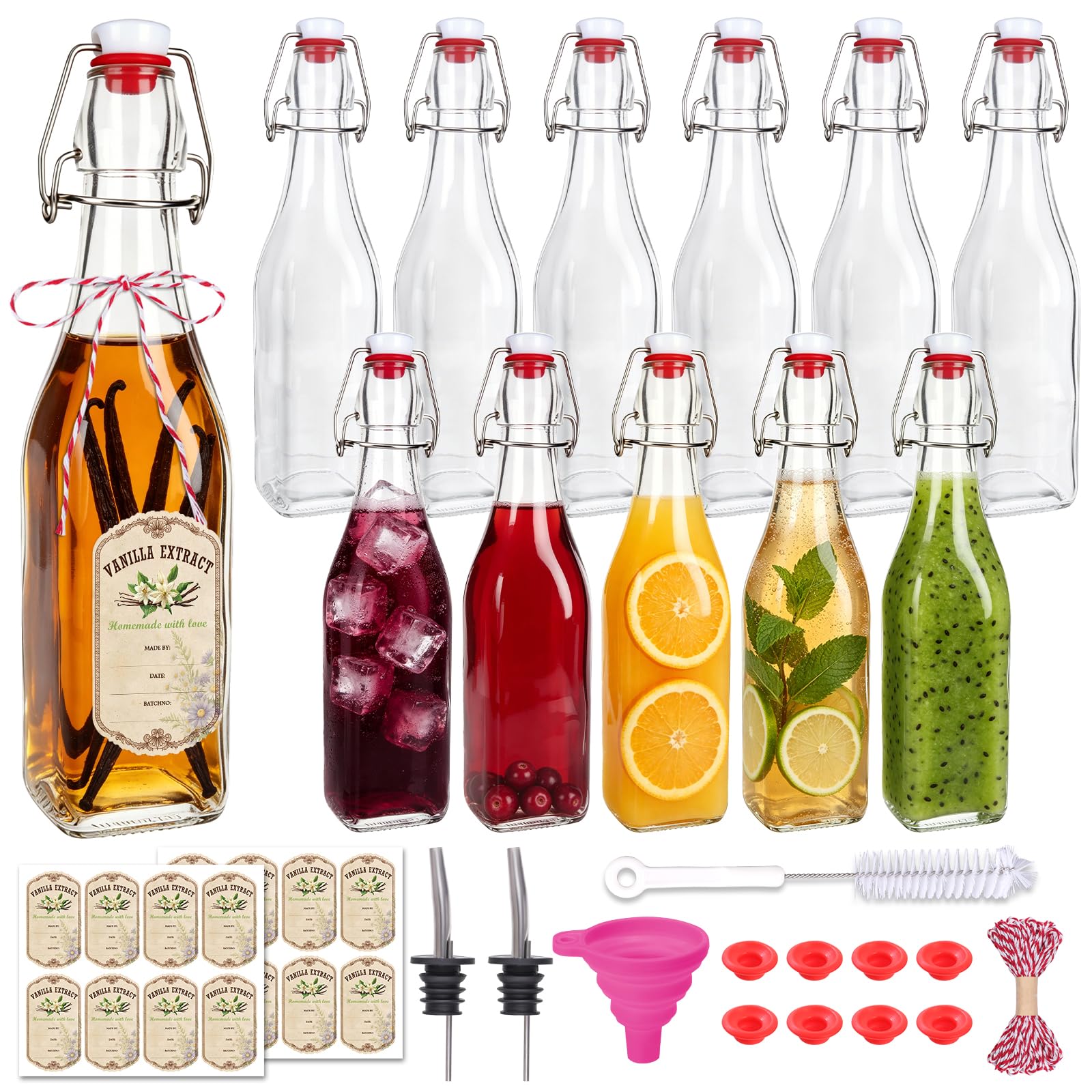 Glasflaschen mit Bügelverschluss, quadratisch, Klappdeckel, luftdicht, für Vanilleextrakt, Heimbrauen, Kombucha, Essig, Bier, Limonade, Getränke, 12 Stück