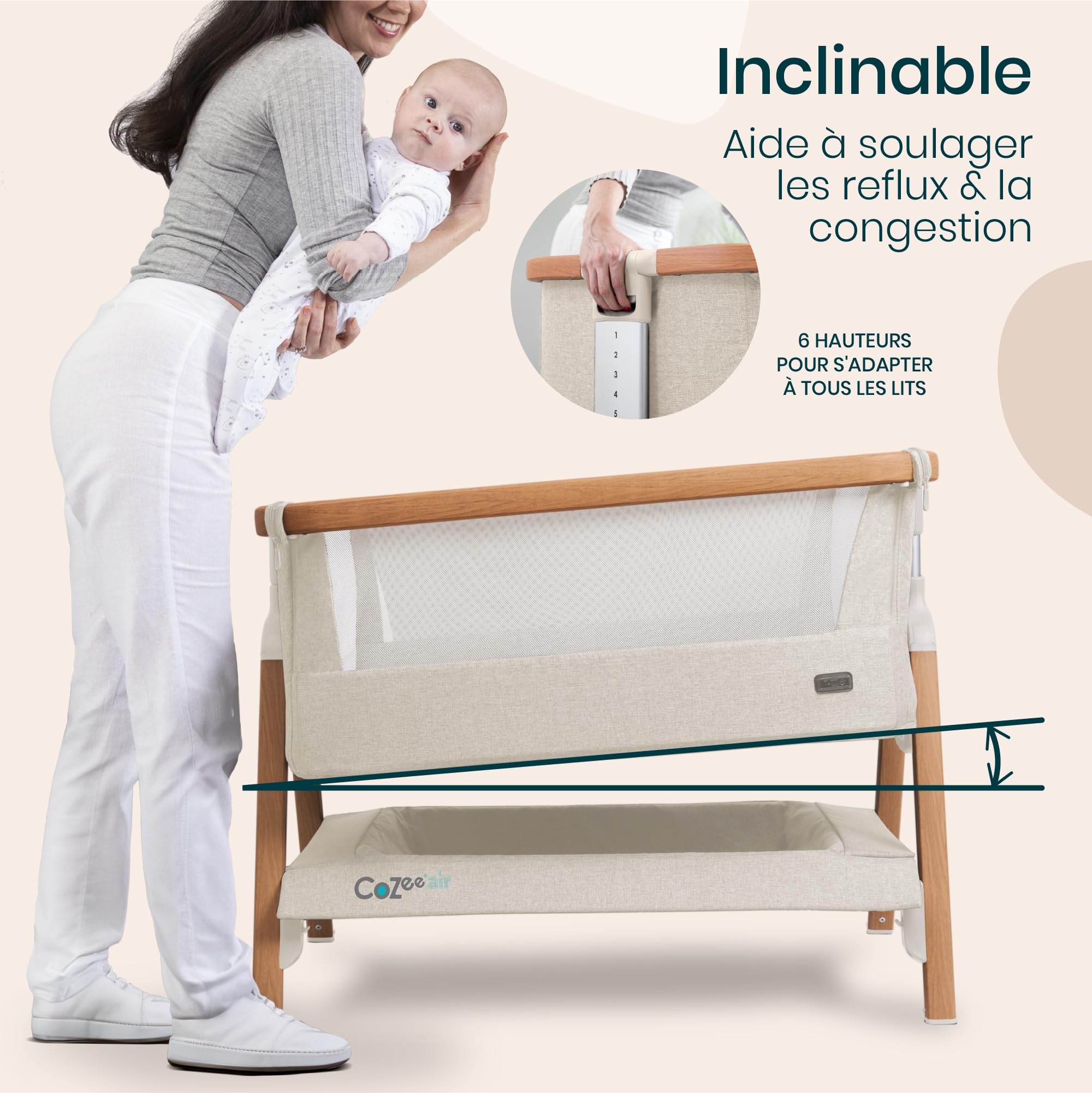 Tutti Bambini CoZee® Air Berceau Bébé & Lit Cododo - Lit Bébé Pliable avec Sac de Transport - Matelas Deluxe Respirant & 6 Hauteurs Réglables - 0-6 Mois (Noyer & Écru)