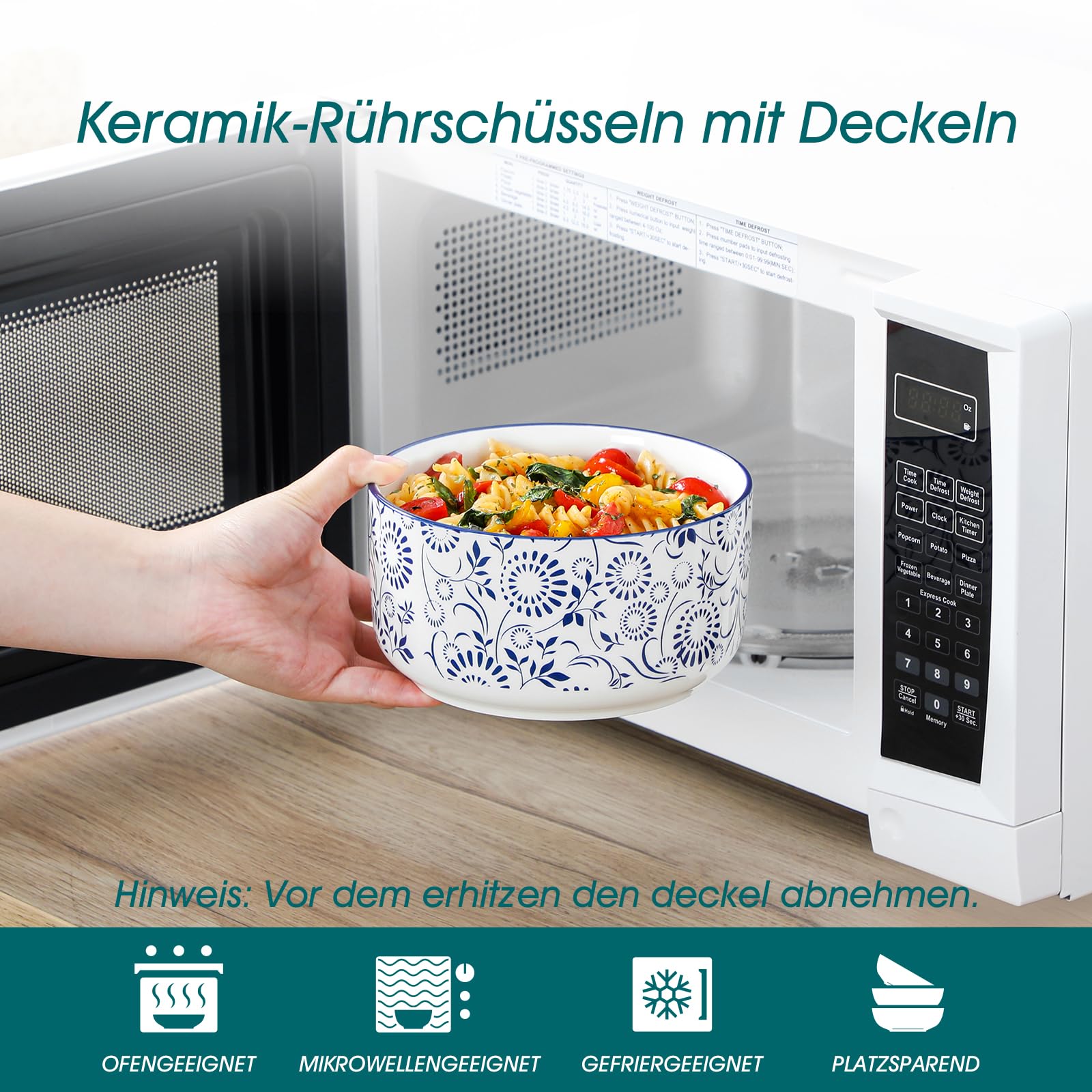 Salatschüssel mit Deckel 4 teilig, vancasso Müslischalen Keramik, Servierschalen Blau-Weiß, Schüssel mit Deckel für Müsli, Salat, Suppe, Ramen