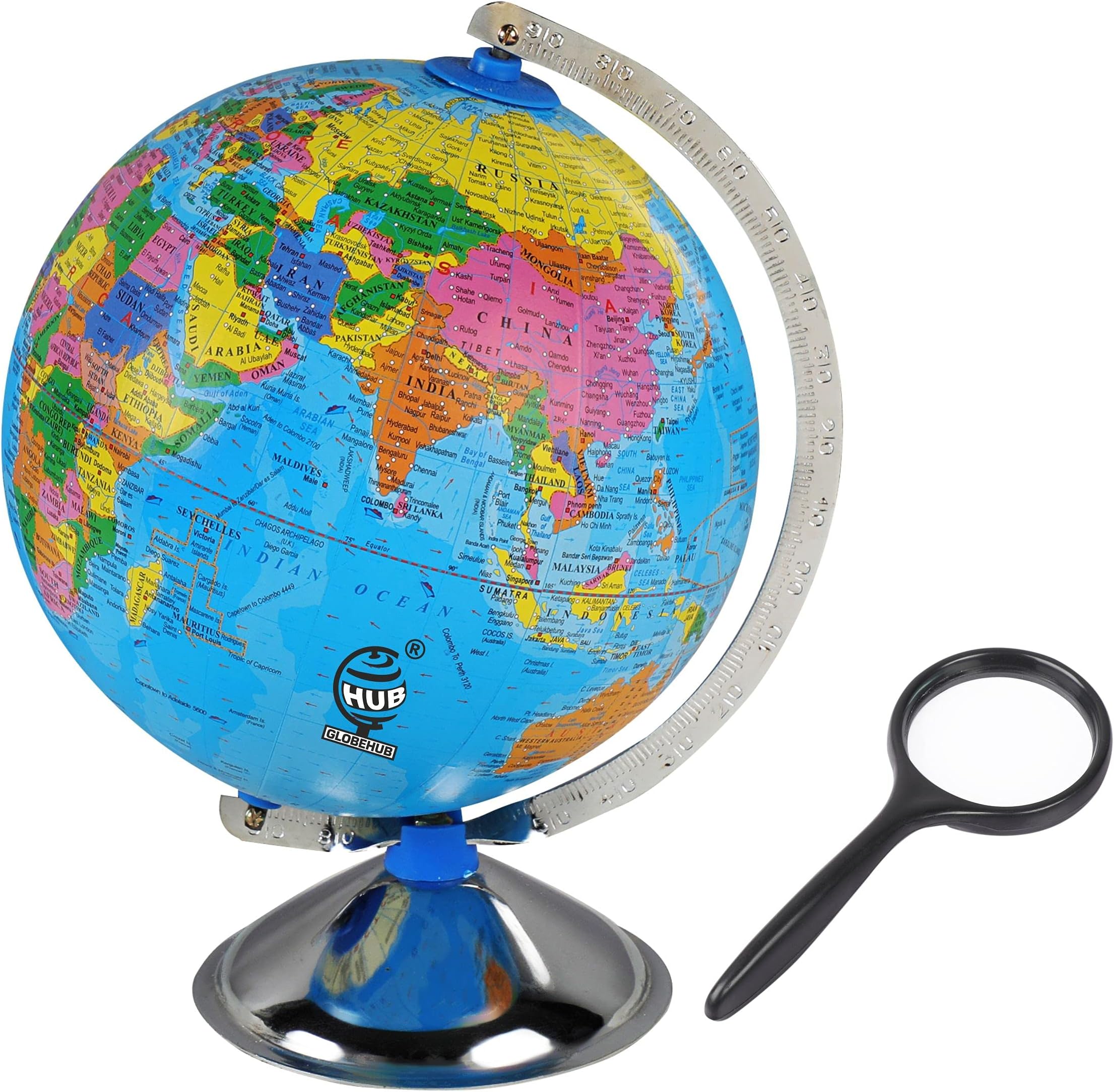 Globehub Hub Globe for Kids, 8 inch Diameter Mittal Educational World Globe with 50mm Magnifying Glass for Kids/Office Globe/Political Globe/Globes for Students Desk & Table Top Political World Globe