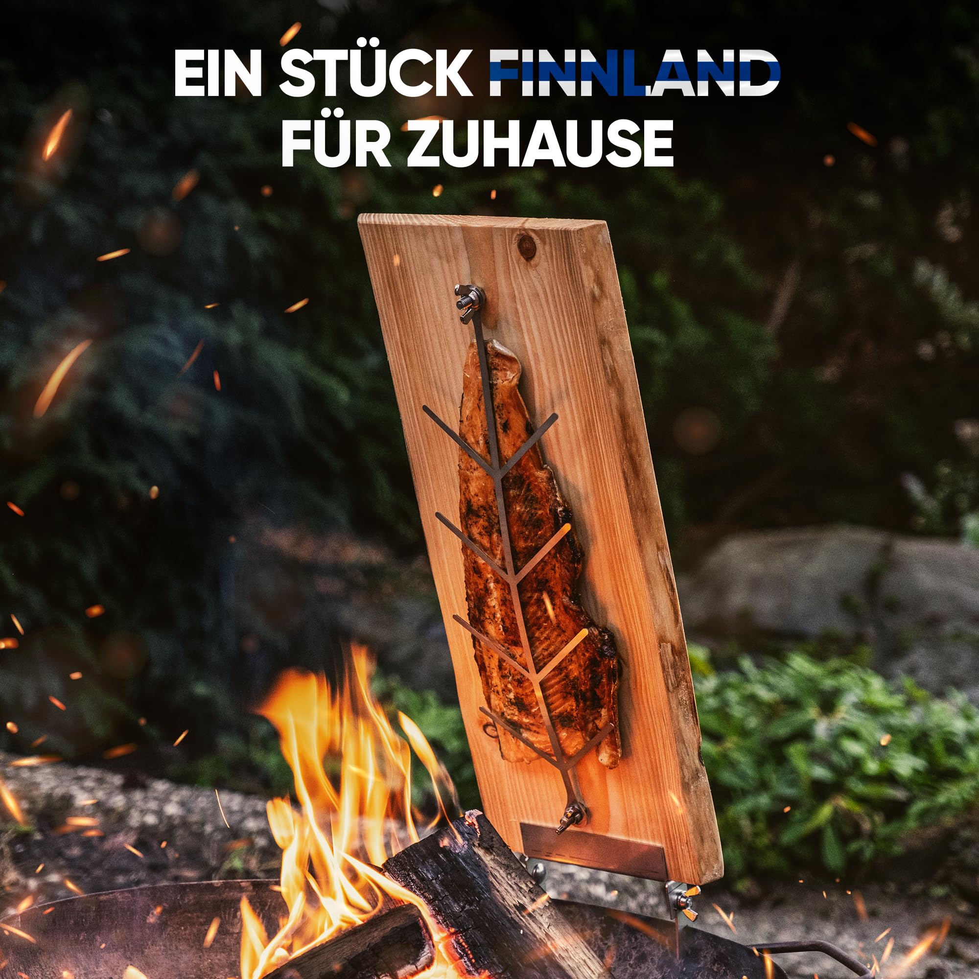 XL Flammlachbrett [mit 5 verstellbaren Einstellwinkel] aus Lärchenholz mit Maserung | ca. 200-290 x 500 x 20 mm | Lachsbrett für Feuerschalen & Kugelgrill