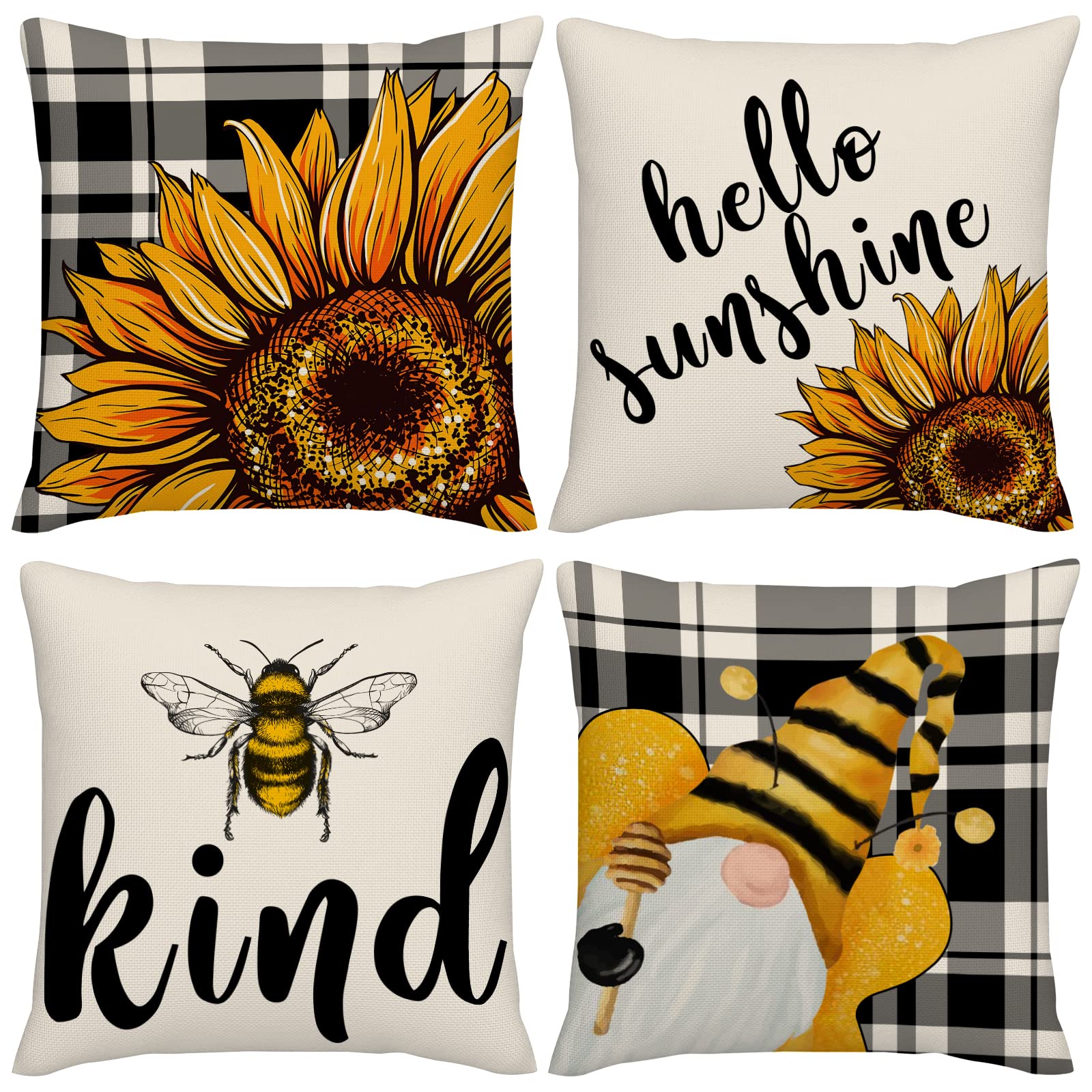 Jbralid Summer Pillow Covers 22x22 Inch Set of 4 Sunflower Gnome Hello Sunshine Bee Buffalo Plaid Decorative Pillowcase Farmhouse Throw Pillows Case