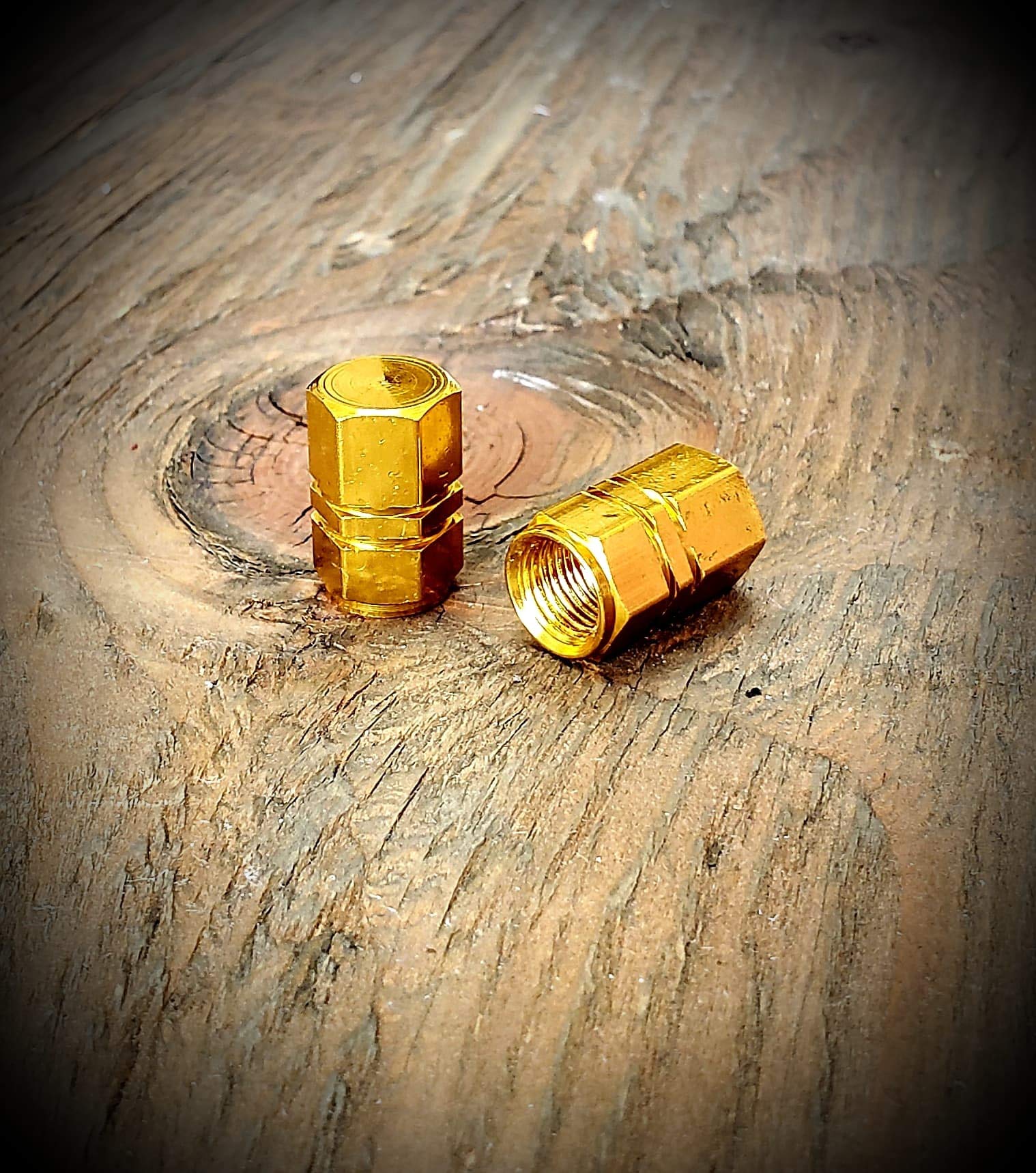Kustom Kapz Gold Tall Billet Hex Tire Valve Cap Pair Motorcycle ATV Harley Truck Hotrod Cycle Trailer rv