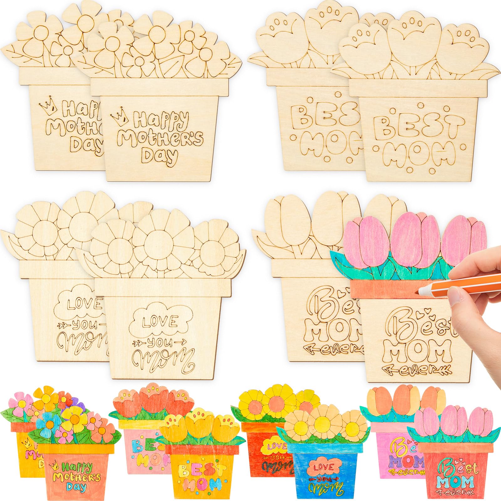 Weysat 8 Pcs Mother's Day Paint Craft Kits Wood Fridge Magnet Color Your Own Mom Frame Floral Flowers DIY 3.54 x 3.54 Inches/ 9 x 9 cm Inch Blank Picture Photo Magnetic Tabletop Home Decor