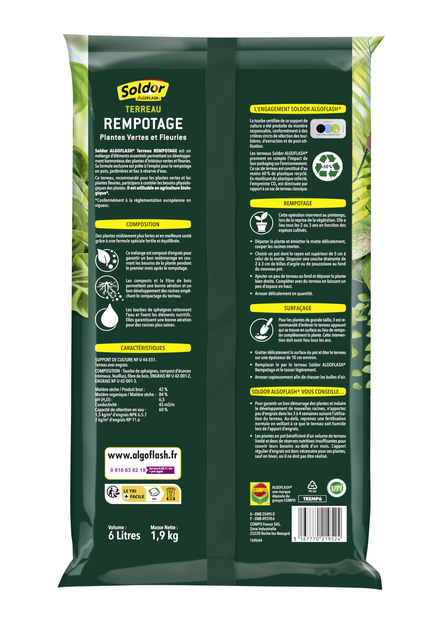 ALGOFLASH Terreau Rempotage Plantes Vertes et Plantes Fleuries, UAB, Prêt à l'Emploi, Fabriqué en France, 6 L,TREMP6