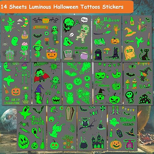 Miniatura 3 de Tatuajes temporales luminosos de Halloween para suministros de fiesta de niños, 120 estilos que brillan en la oscuridad de Halloween, esqueletos de