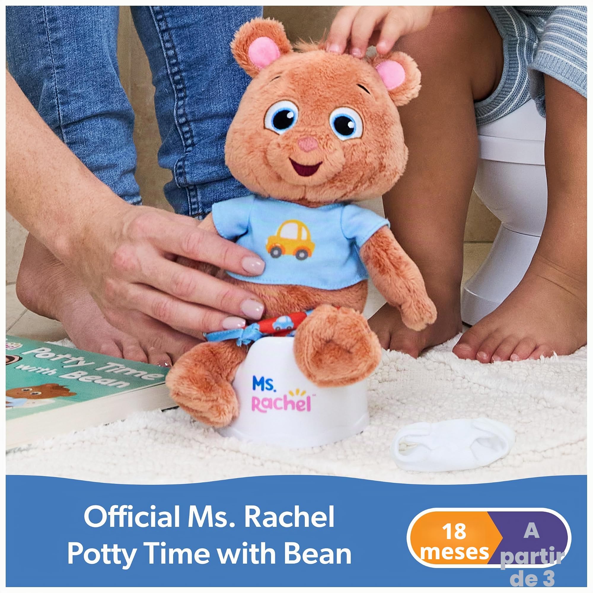 Ms. Rachel Oso de peluche oficial para ir al baño con frijol, 11 pulgadas con inodoro de juego y accesorios, juguetes para niños y niñas de 18 meses a 3 años en adelante
