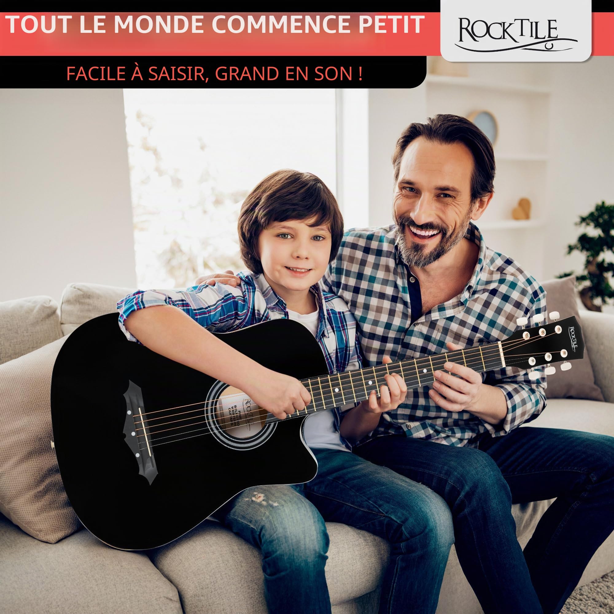 Rocktile WSD-5C-BK Slim Line Set de Guitares Western - Guitare Acoustique Dreadnought - Corps en Tilleul - Manche : Catalpa - Set avec Housse, Cordes de Rechange, Sangle et Médiators - Noir