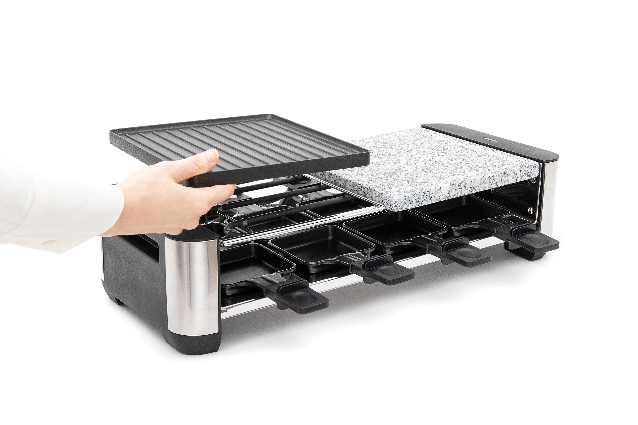 FRITEL RSG 3280 Grill en pierre à raclette - Plaque de cuisson 2 en 1 - Fonction barbecue en pierre et raclette - Plaque de cuisson réversible - 8 poêlons et spatules - 2 à 8 personnes