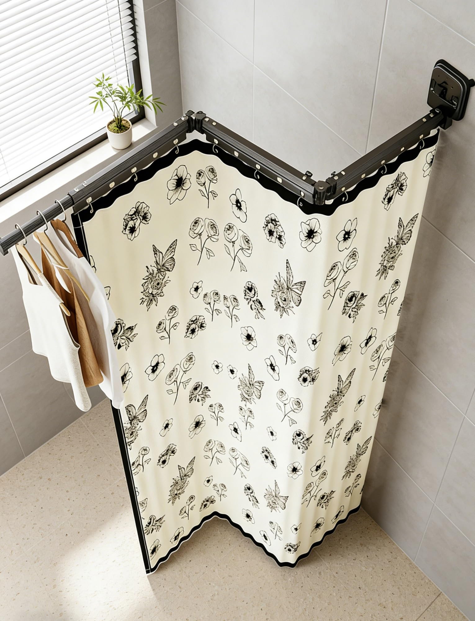 Ensemble Rideau de Douche Mural Pliable, Rideau en Lin Ajustable avec Ventouse pour Salle de Bain, Baignoire, Cuisine, Magasin de vêtements