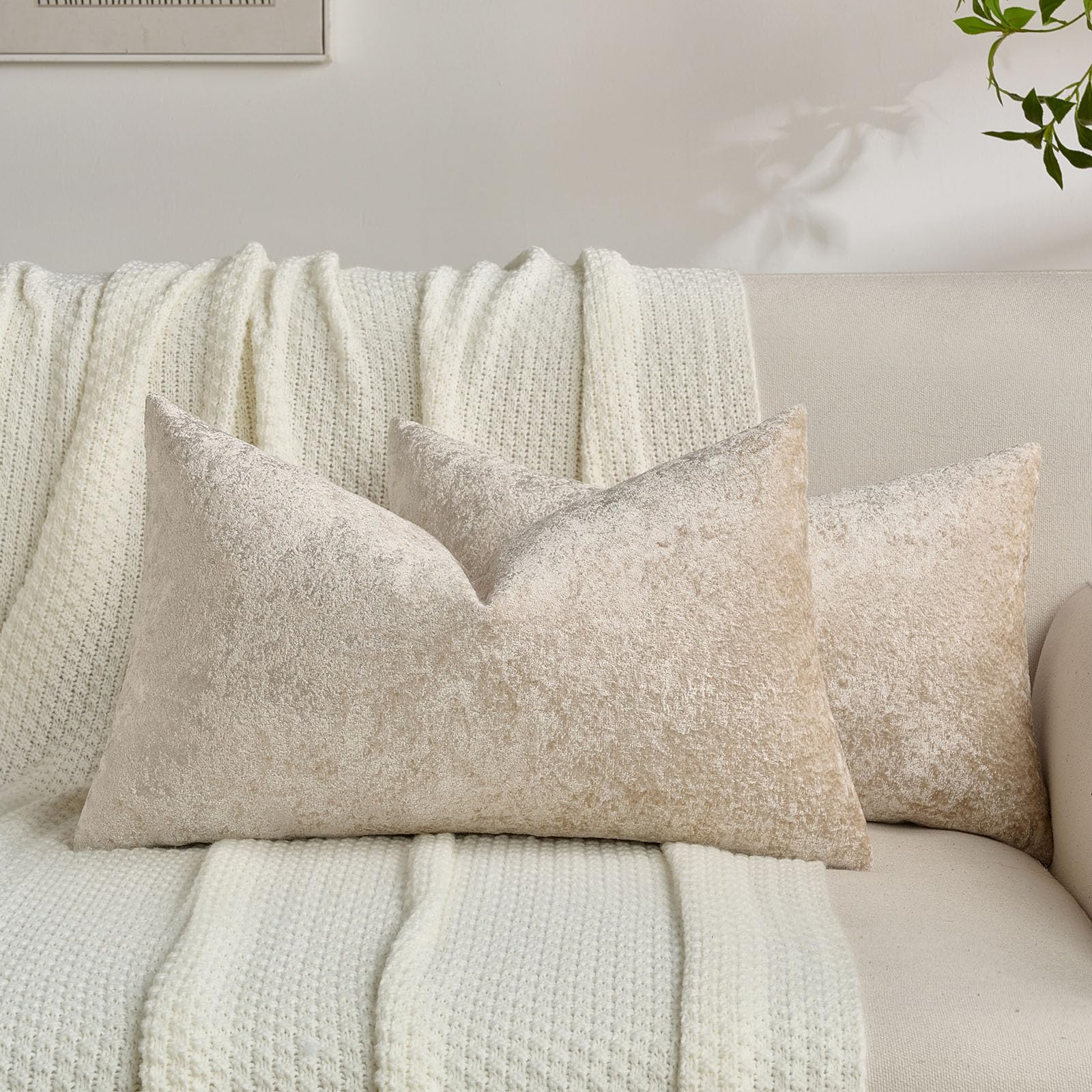 FUTEI Set of 2 Soft Flannel 30x50 cm Cushion Covers Crushed Textured Solid Scatter Pillowcase 30 x 50 cm Modern Accent for Sofa Bedroon Living Room, Beige