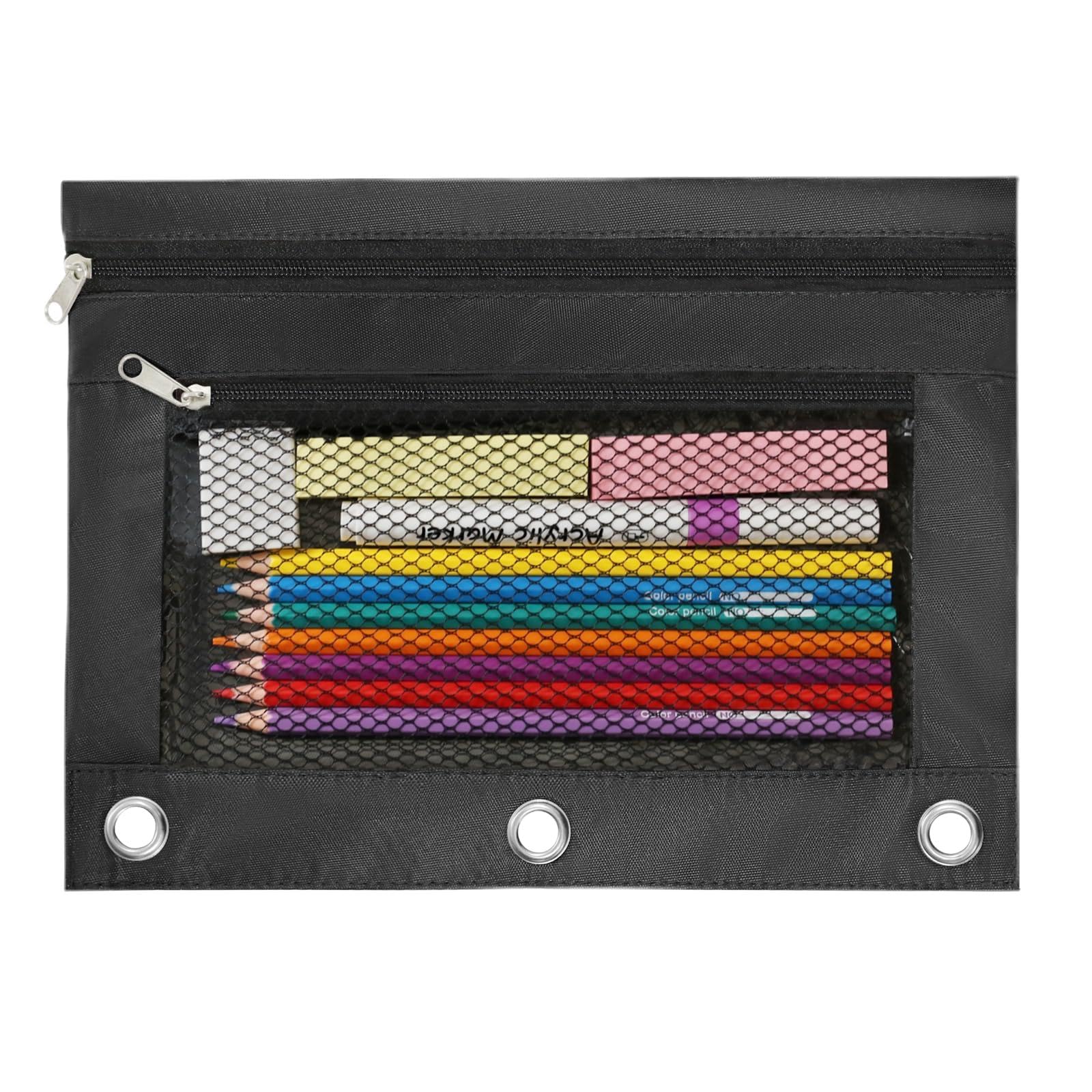 3 Ring Pencil Pouch for Binder, 2-Pocket Zipper Pencil Case with Clear Window &amp; Mesh Pocket, Heavy Duty 600D Oxford Fabric Binder Pouch for School Office Supplies (Jet Black)