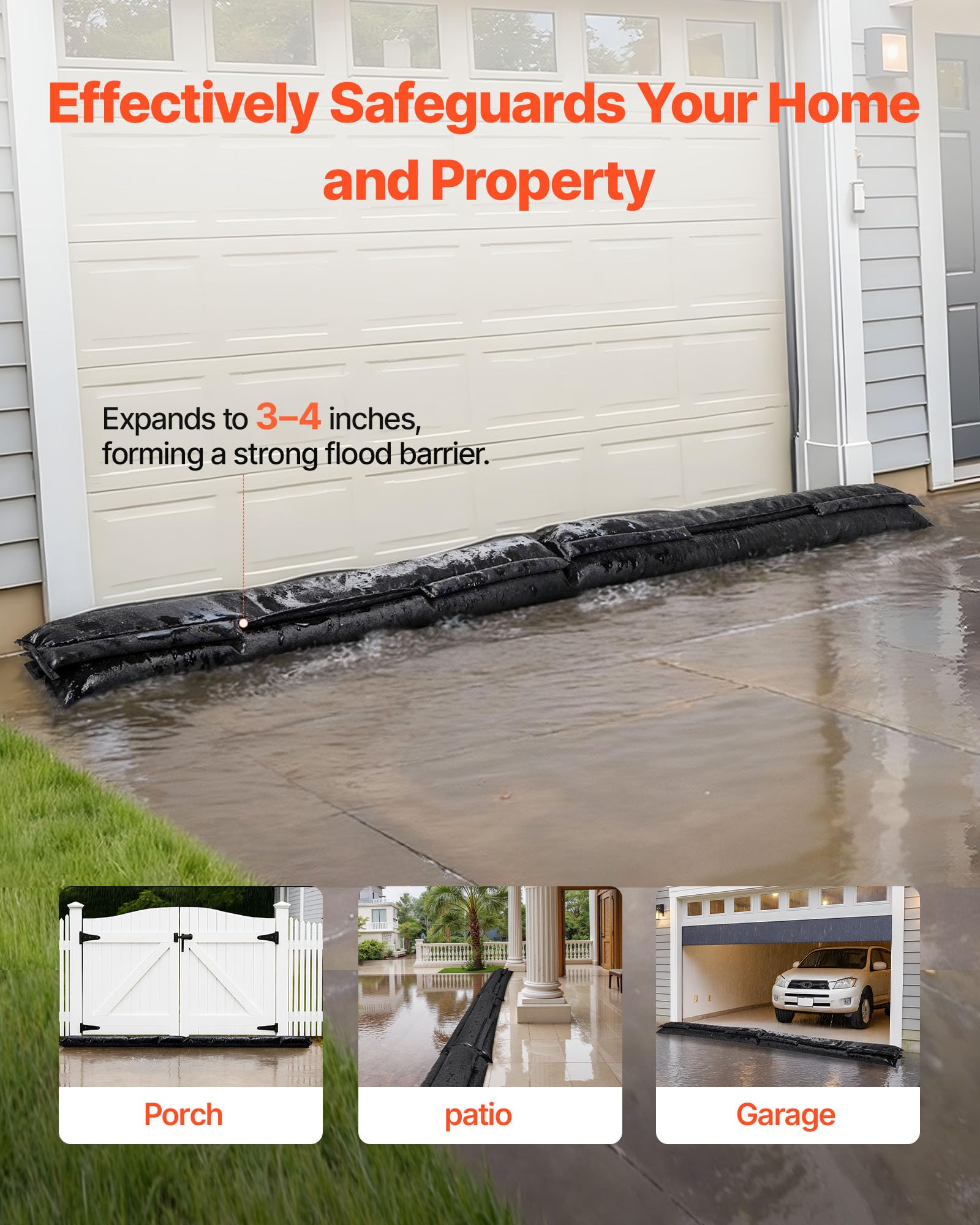 VEVOR Barrera Antiinundaciones 5 Piezas Bolsas contra Inundaciones 306x15,5 cm Dispositivo de Protección contra Inundaciones con Cubo de Plástico, Activado por Agua, para Puerta Garaje Entrada Sótanos