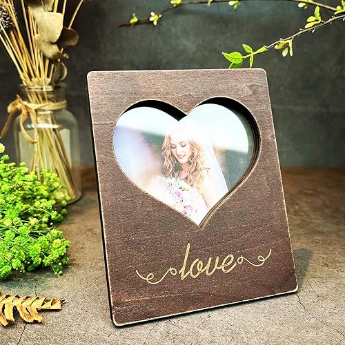 Neamon Regalos para mujeres marco de fotos en forma de corazón decoración rústica del hogar regalos para papá esposa marido marrón