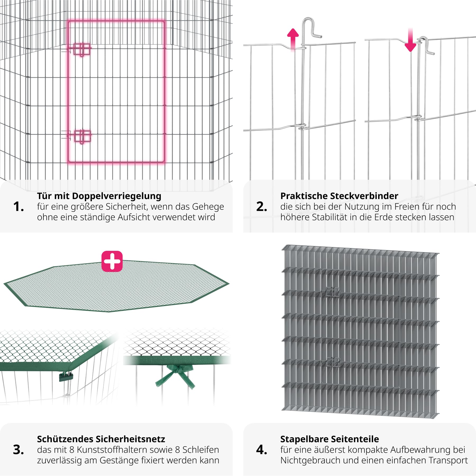 tectake® Freilaufgehege mit Sicherheitsnetz, Ø 204 cm, Welpenauslauf, Kleintierstall mit 8 Gitter, Kleintiergehege für Innen und Außen, Tierlaufstall mit Tür, Ideal für Kaninchen und Meerschweinchen