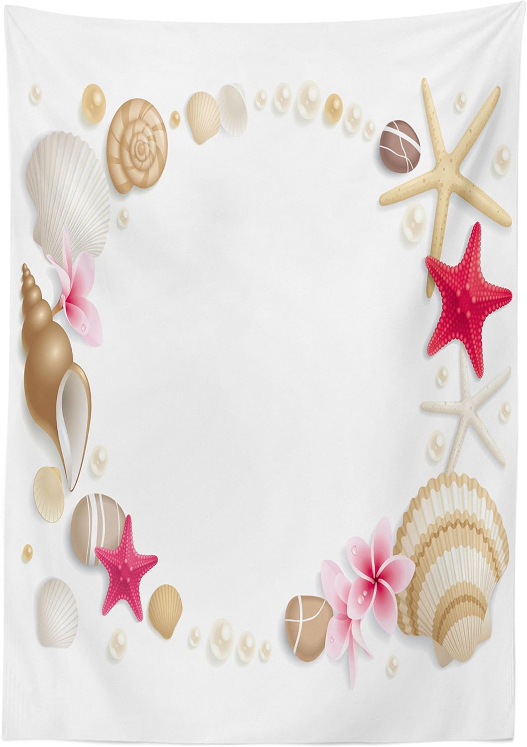 Ambesonne Pearls Tablecloth, Frame with Seashells Starfish Stones Frangipani Exotic Flower Pattern Print Art, Dining Room Kitchen Rectangular Table Cover, 52" X 70", Beige Fuchsia 52" X 70" Beige Fuchsia