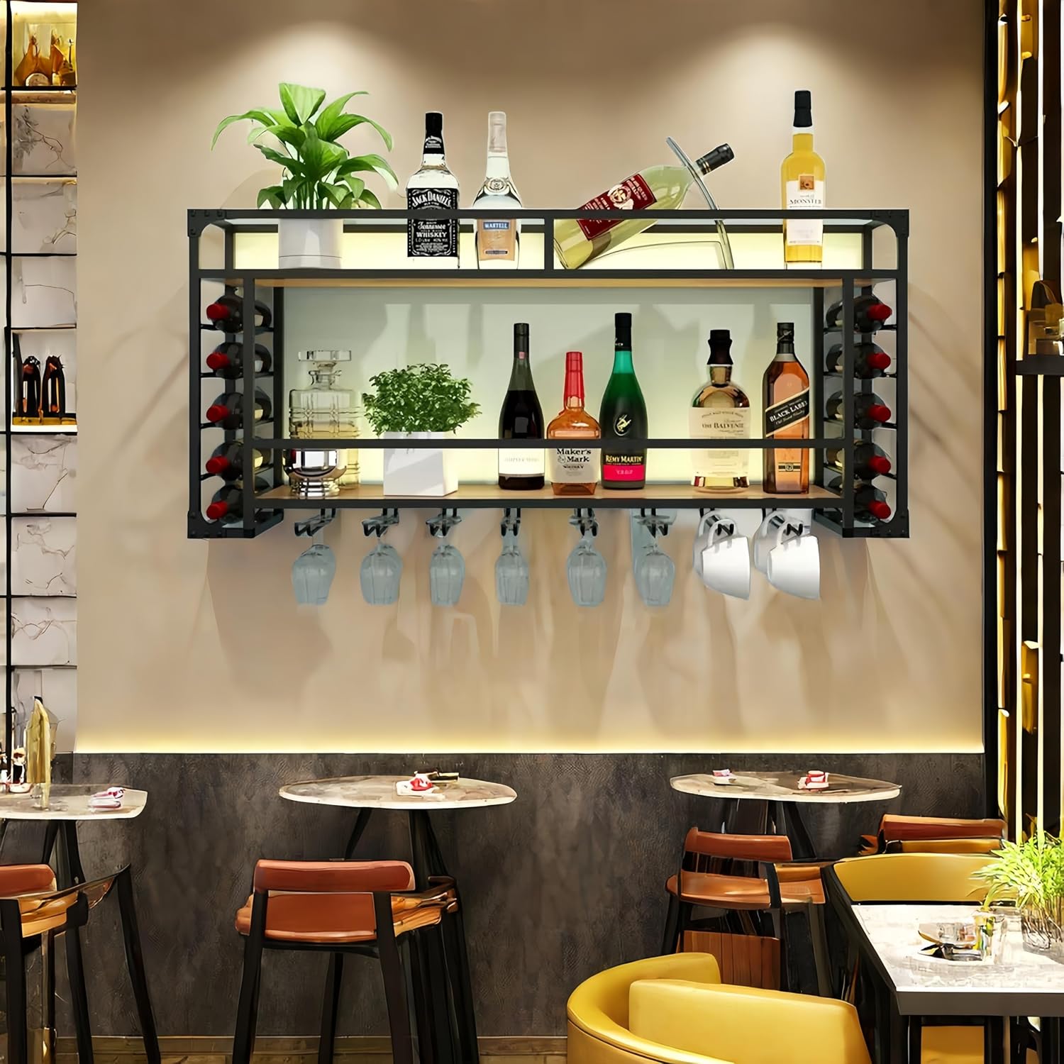 39 Inch Metal Wall Mounted Wine Rack, Modern Wooden Liquor Bar Shelves Wall Mounted with Glass Holder, Multifunctional Wine Storage Display Rack for Home Bar, Dining Room, Black