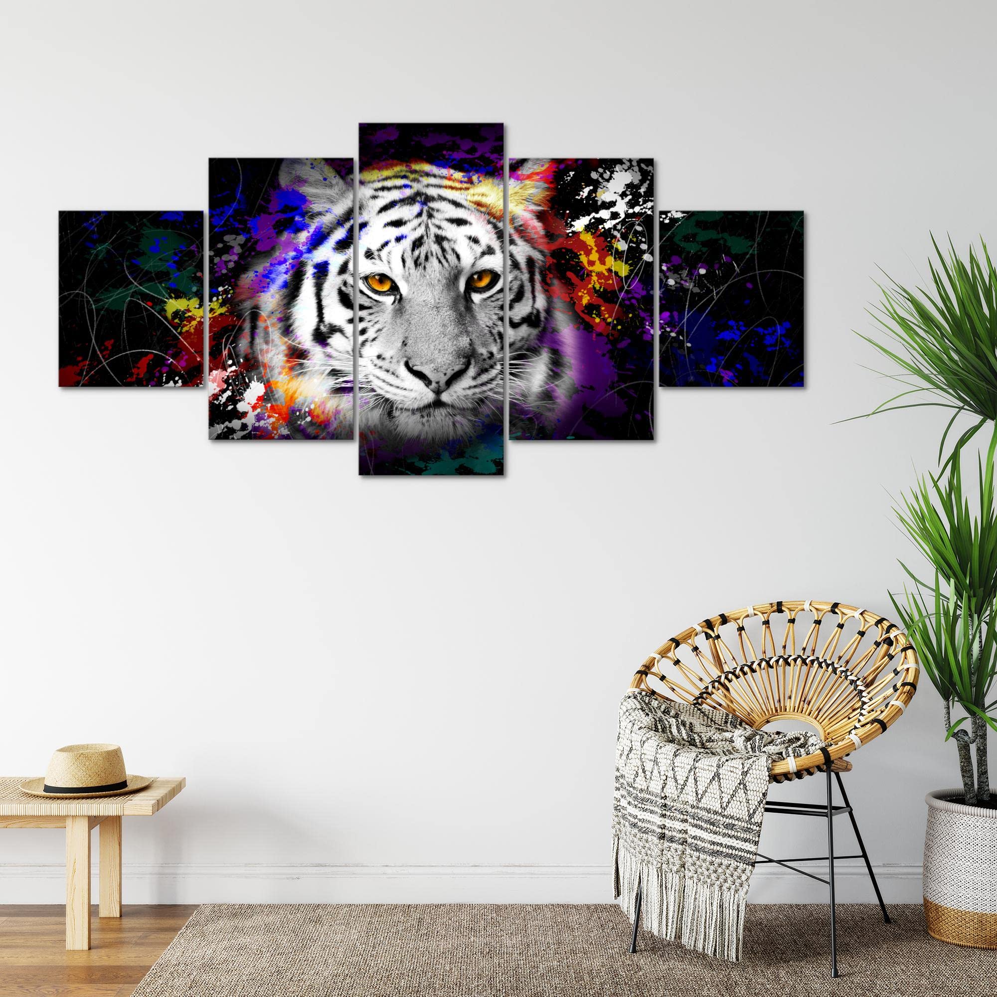 Quadro Su Tela Runa Art Tigre Colorata 5 Pezzi - Astratto Animali Per Camera Letto Corridoio - 5