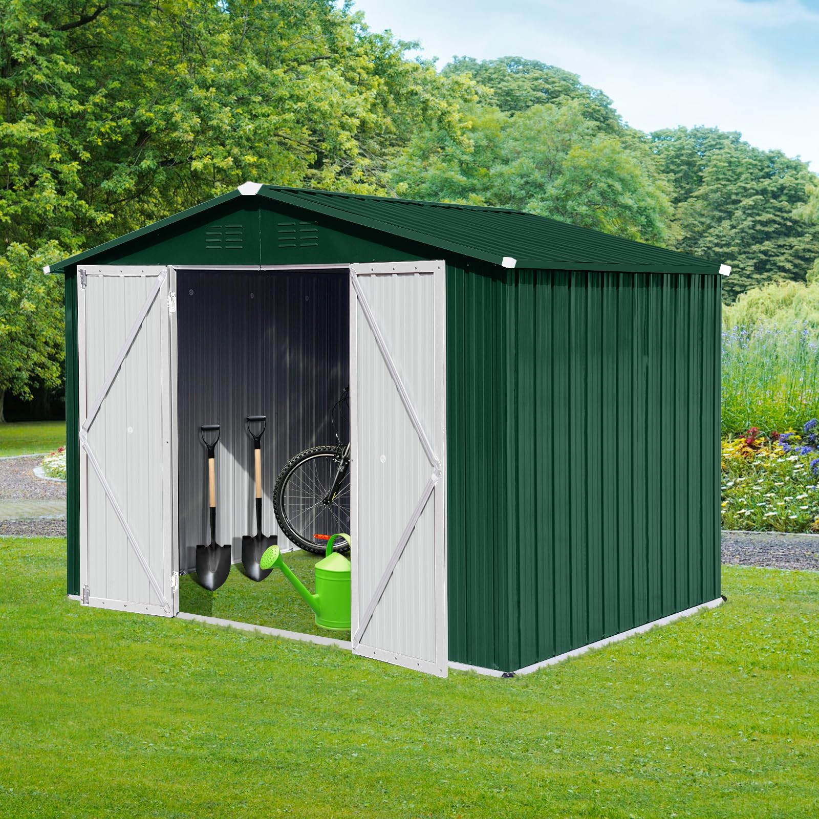 8 x 6 FT Outdoor Storage Shed, Metal Garden Tool Shed with Slooping Roof, Lockable Doors and Aluminum Frames, Easy to Assemble for Garden, Patio, Lawn, Green