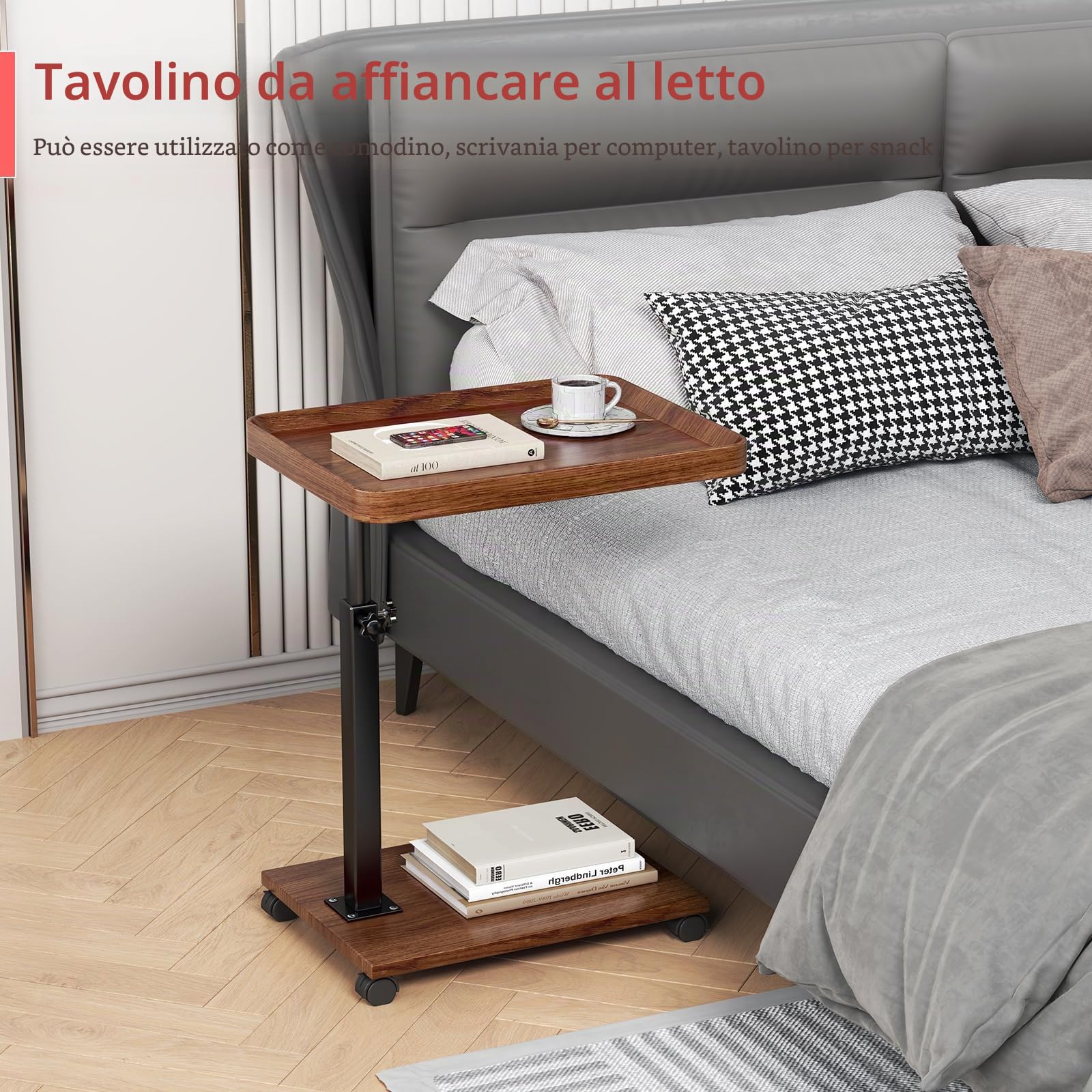Tavolino laterale regolabile in altezza a forma di C, in legno, girevole a 360°, per divano letto, soggiorno, laptop, caffè su ruote