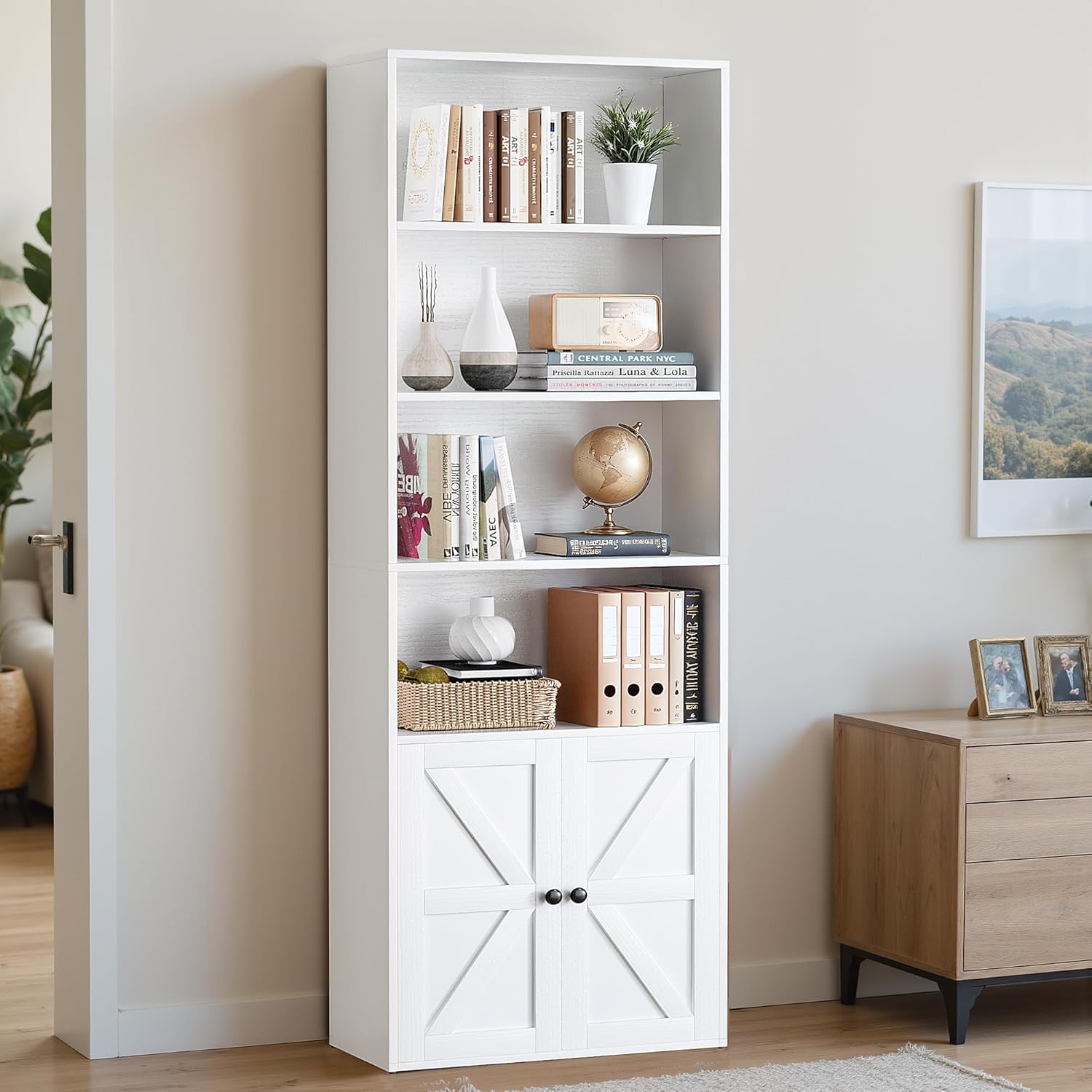 YESHOMY 6 Tier Bookcase and Bookshelf, Tall Book Shelf with Doors & Adjustable Shelves, Floor Display Storage Cabinet Home Decor for Living Room, Office, White