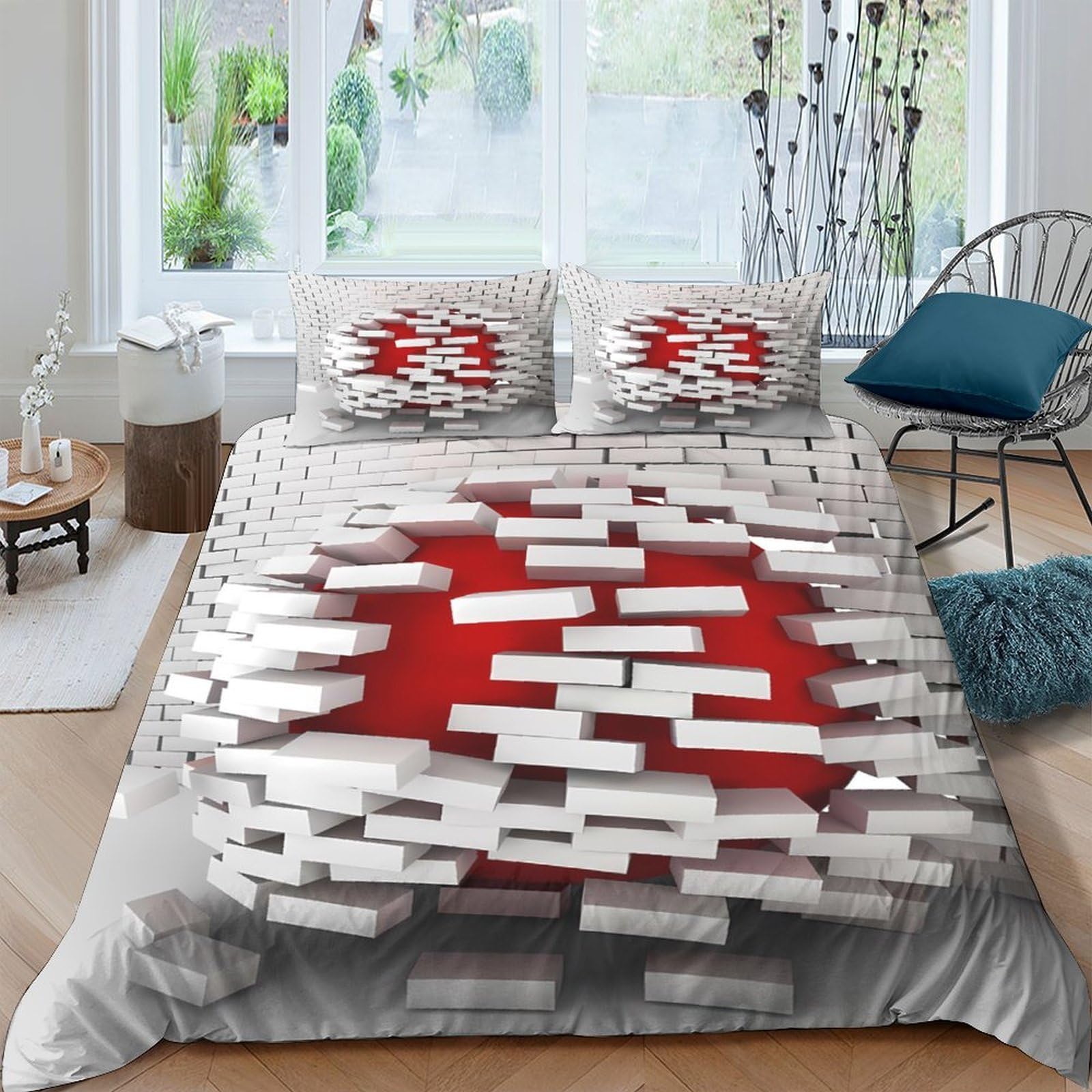 Ctjqhvkz Style-9 3D Printed Geometric Red Circle Fitted Sheet Microfiber Soft Modern White Block Bed Cover For Bedroom Decor Single（135X200cm）
