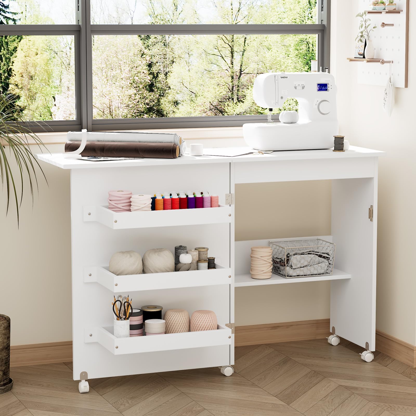 Mesa de costura plegable multiusos con 3 compartimentos de almacenamiento y estante, mesa de trabajo con ruedas para espacios pequeños
