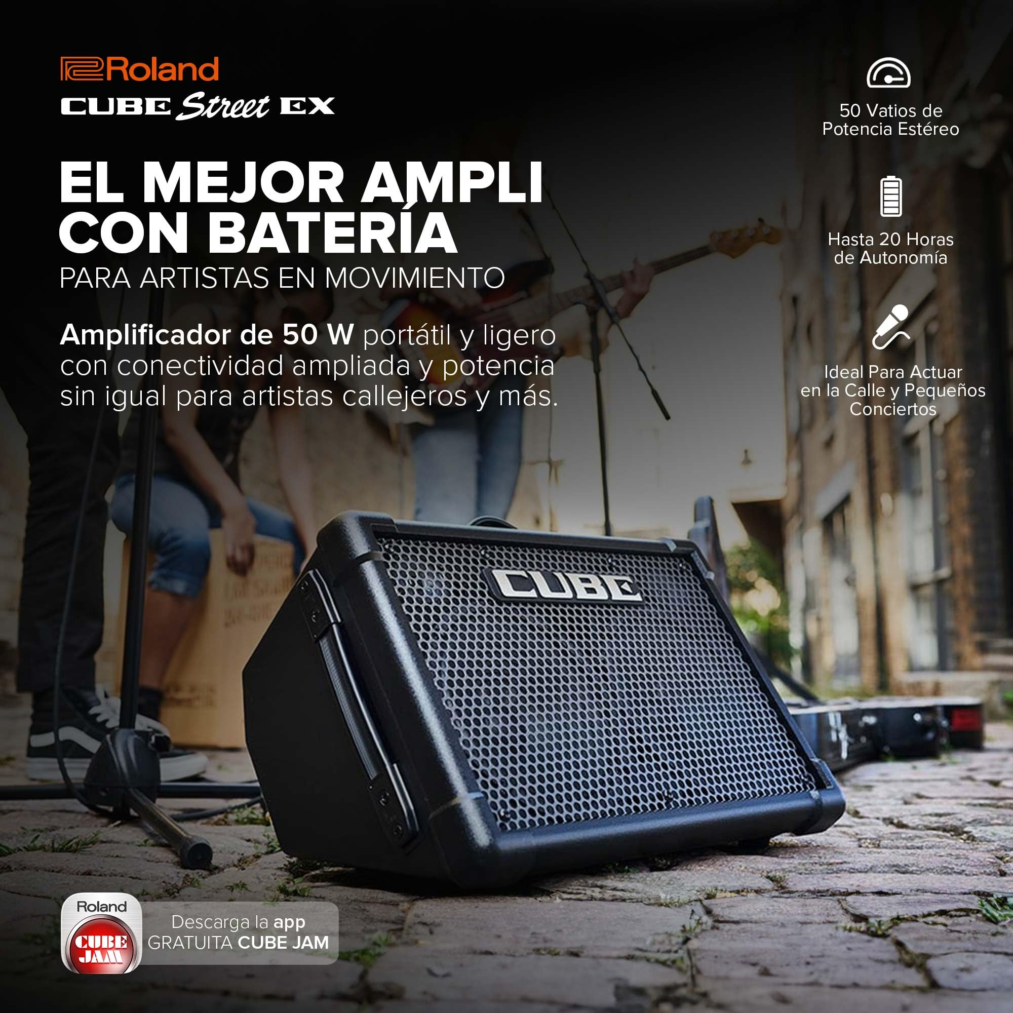 Roland Cube Street EX | Amplificador estéreo de 50 W con batería | Sonido Transparente y dinámico | Ideal para actuaciones al Aire Libre | Admite micros, Instrumentos y Dispositivos de Audio.