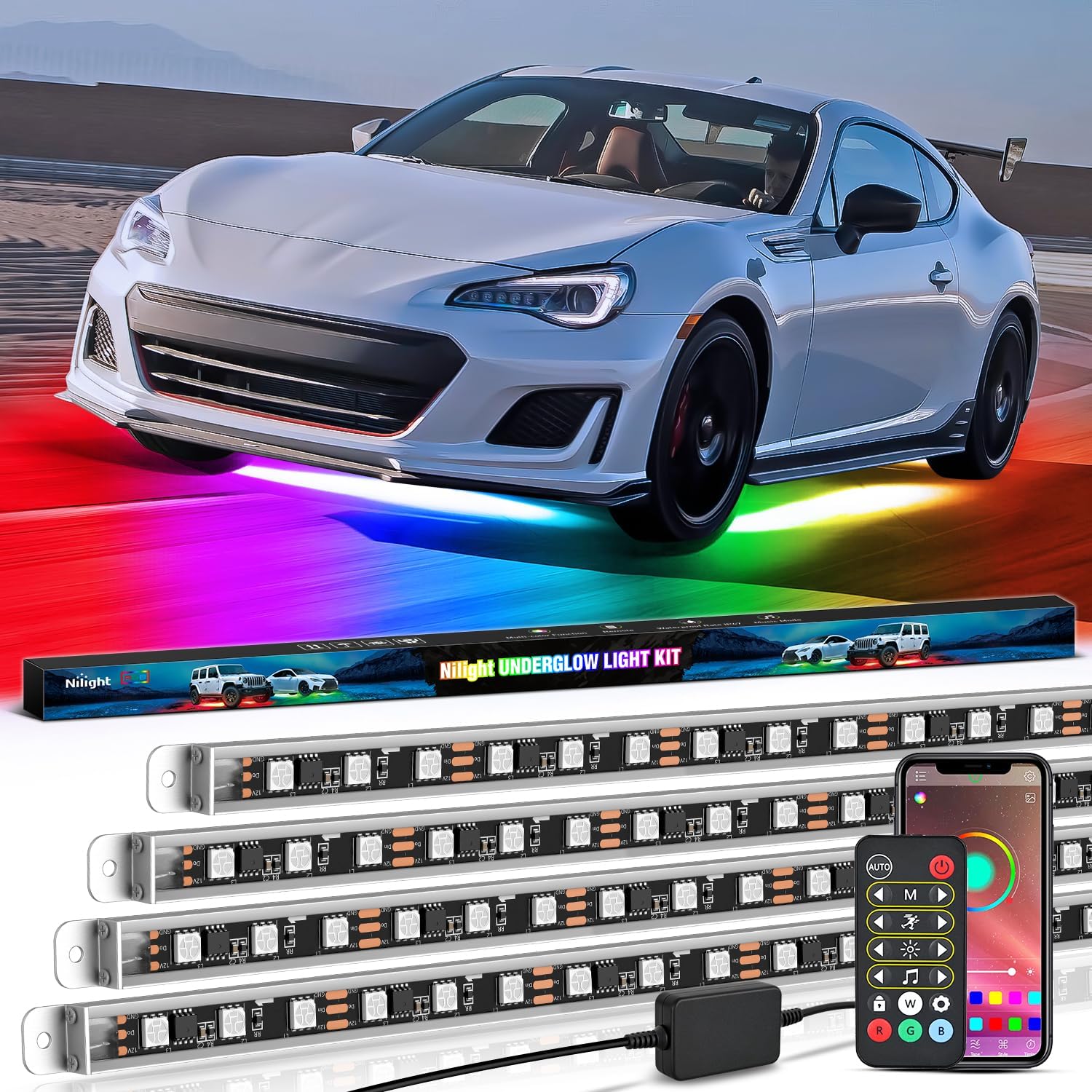 Nilight 4Pcs Aluminum Underglow Neon Accent Strip Lights 396 LEDs Dream Color Door Assist Multi Mode Sound Active Function Music Modes with APP Remote Control Underbody Light Strips for Car Truck RV 4Pcs Aluminum Underglow Strip Lights Dream Color Light Strip