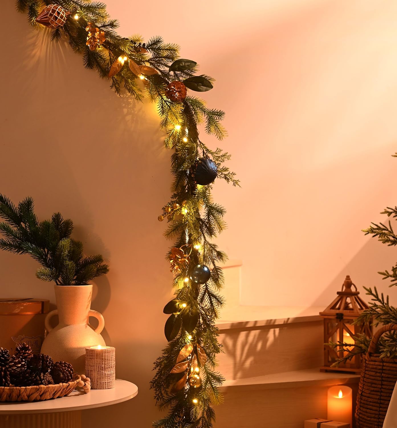 DecorbyHannah Christmas Garland with Lights, 9Ft Prelit Christmas Garland for Mantle, Stairs Railing, Lighted Xmas Garlands with Pine Cone, Bow Ornaments for Home Outdoor Decor(Blue Copper)