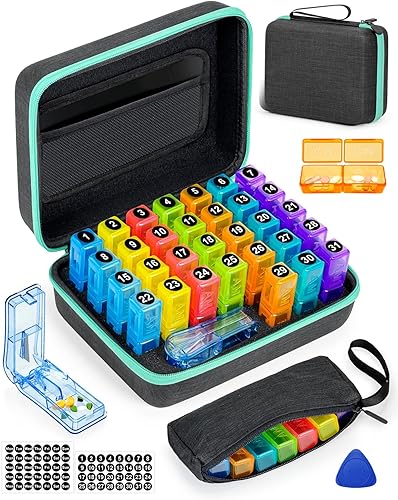 FRIWOLE Organizador mensual de píldoras 2 veces al día, con carcasa dura portátil, cortador de píldoras, caja de 31 días, púa de apertura de