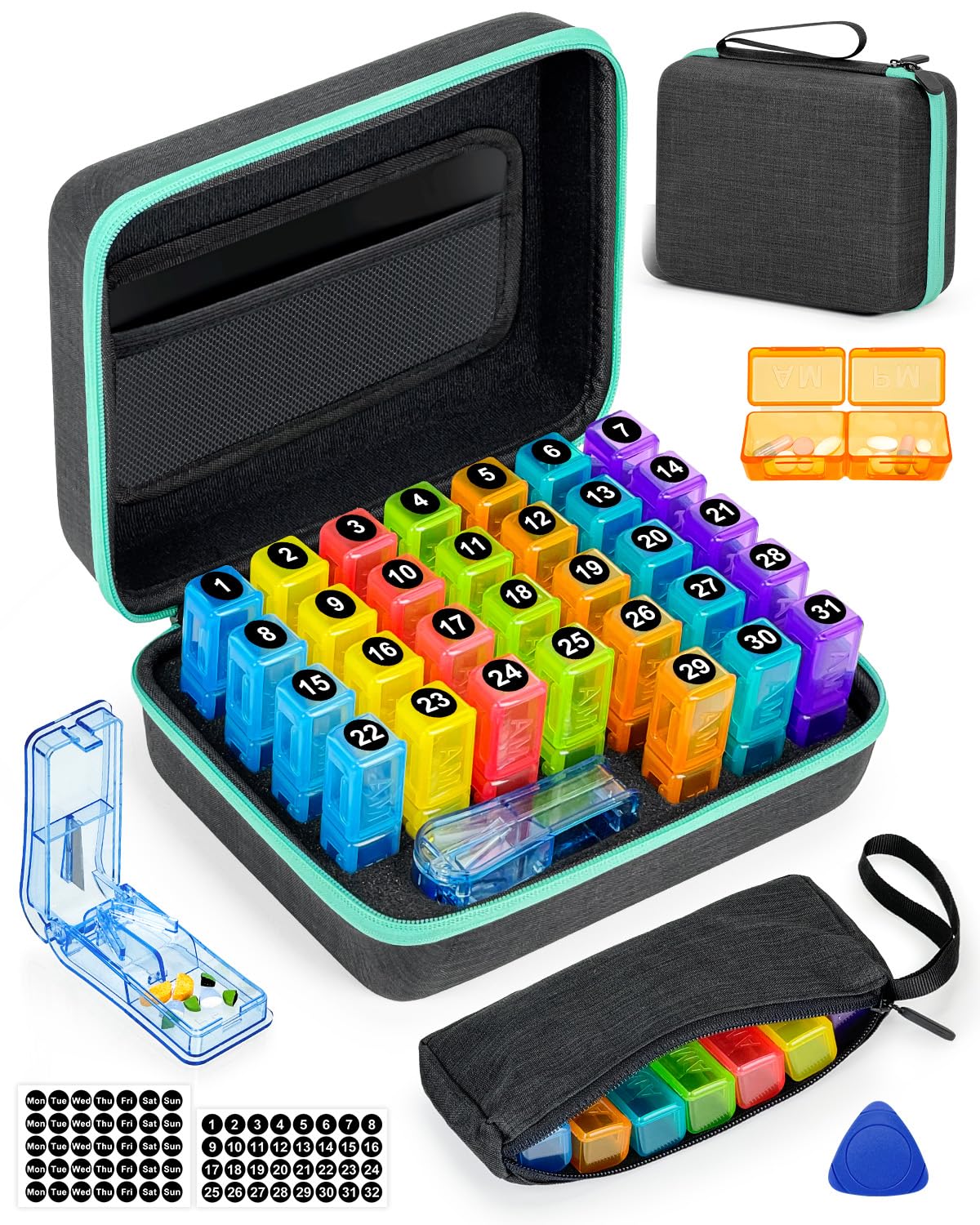 Monthly Pill Organizer 2 Times a Day with Portable Hard Shell Pill Cutter 31-Day Box Plastic Opening Pick