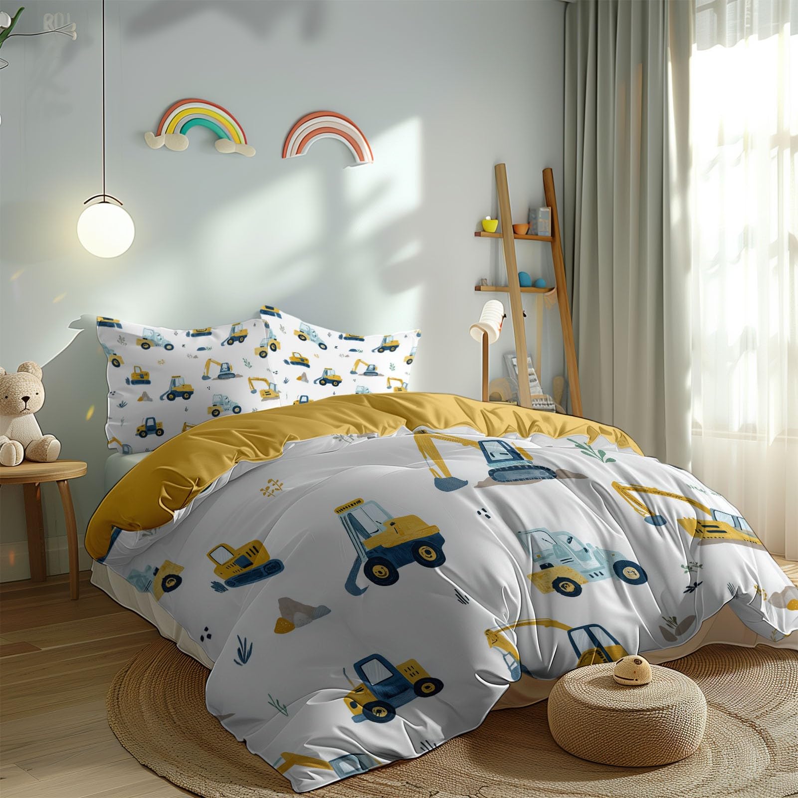 Komplet pościeli z kreskówki, pojazdy na placu budowy, koparka, kamienie, 230 x 220 cm, poszewka na kołdrę dla dzieci, miękka mikrofibra, żółta poszwa na kołdrę z poszewką na poduszkę 80 x 80 cm i