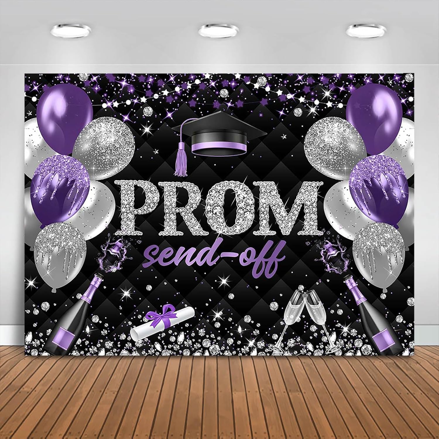Prom Send Off 2026 Graduation Backdrop Class of 2026 Prom Background Party Decorations Congrats Grad Banner Photo Booth Props (Purple Silver and Black, 10x7ft)