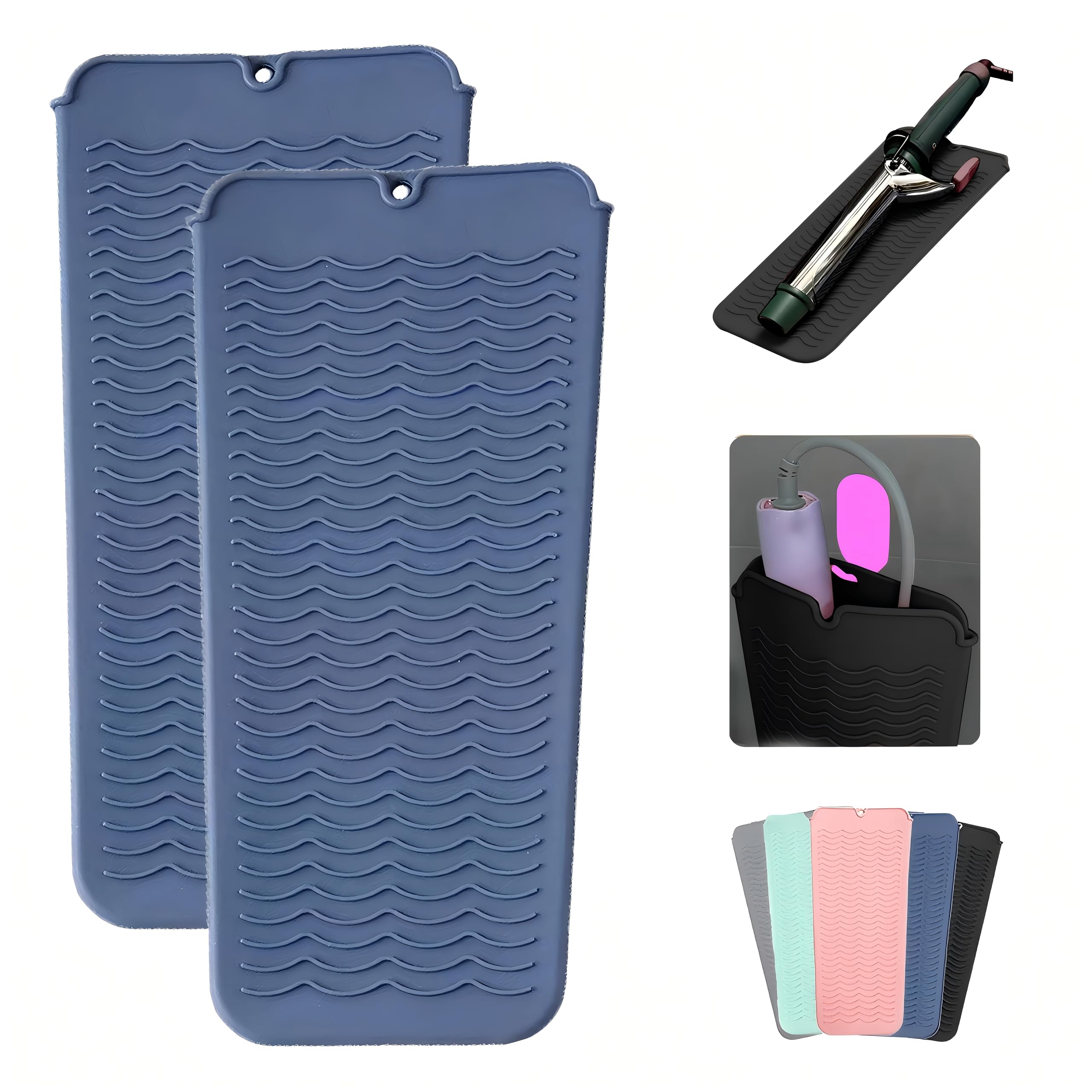 2 Pcs Professional Silicone Heat Resistant Mat Pouch for Curling Iron, Flat Iron and Other Hot Tools, Portable Travel Mat and Cover for Hair Styling Tools with Hanging Hole (2PCS Blue)-image-48