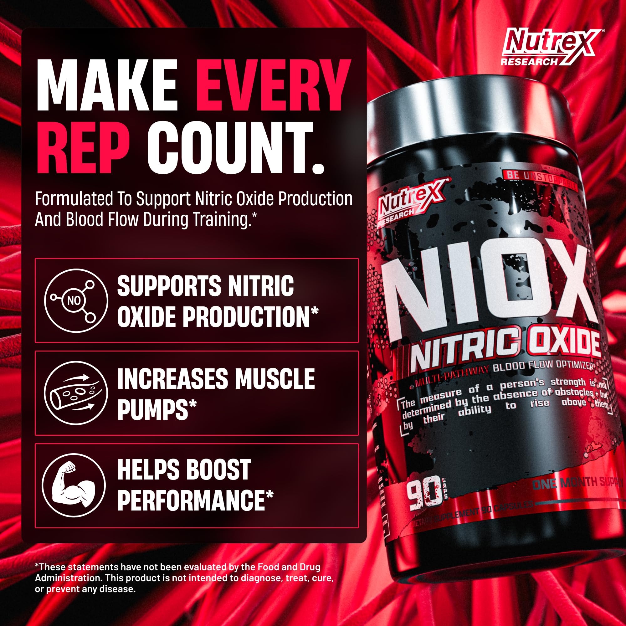 Nutrex Research NIOX Nitric Oxide Booster Pre Workout Pump Supplement with Arginine Nitrate Vitamin C Astragin for Muscle Pump Vascularity Endurance Support 90 Count — Amazon image 3