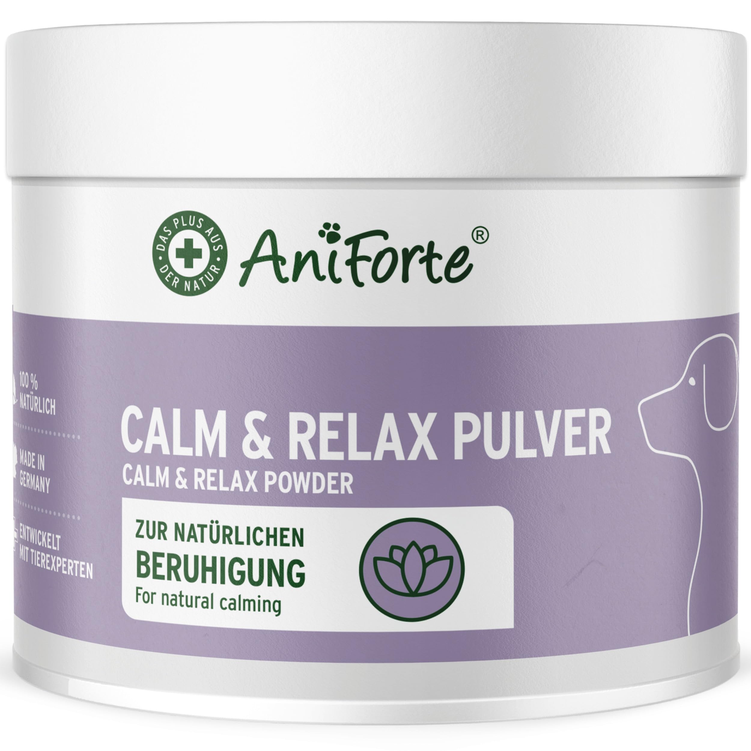 AniForte natürliche Beruhigung für Hunde Calm & Relax 100g - Natürliches Beruhigungsmittel zur Entspannung & Ruhe, Heilpflanzen bei Angst, Stress, Unruhe, Überreizung, Nervosität, Silvester & Reisen