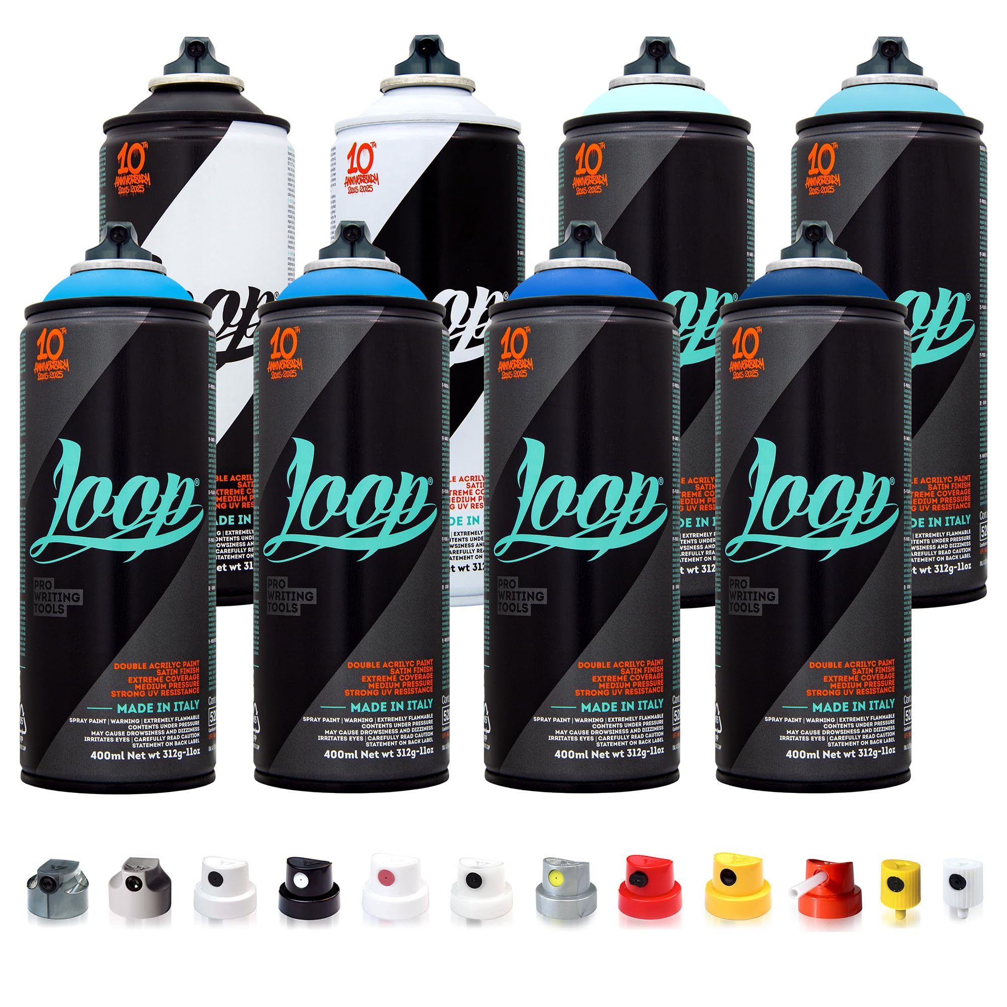 Betterrun LOOP Sprühdosen Eis Set - 8 x 400ml Acryllack + 10x Sprühaufsätze Graffiti Spray Cans