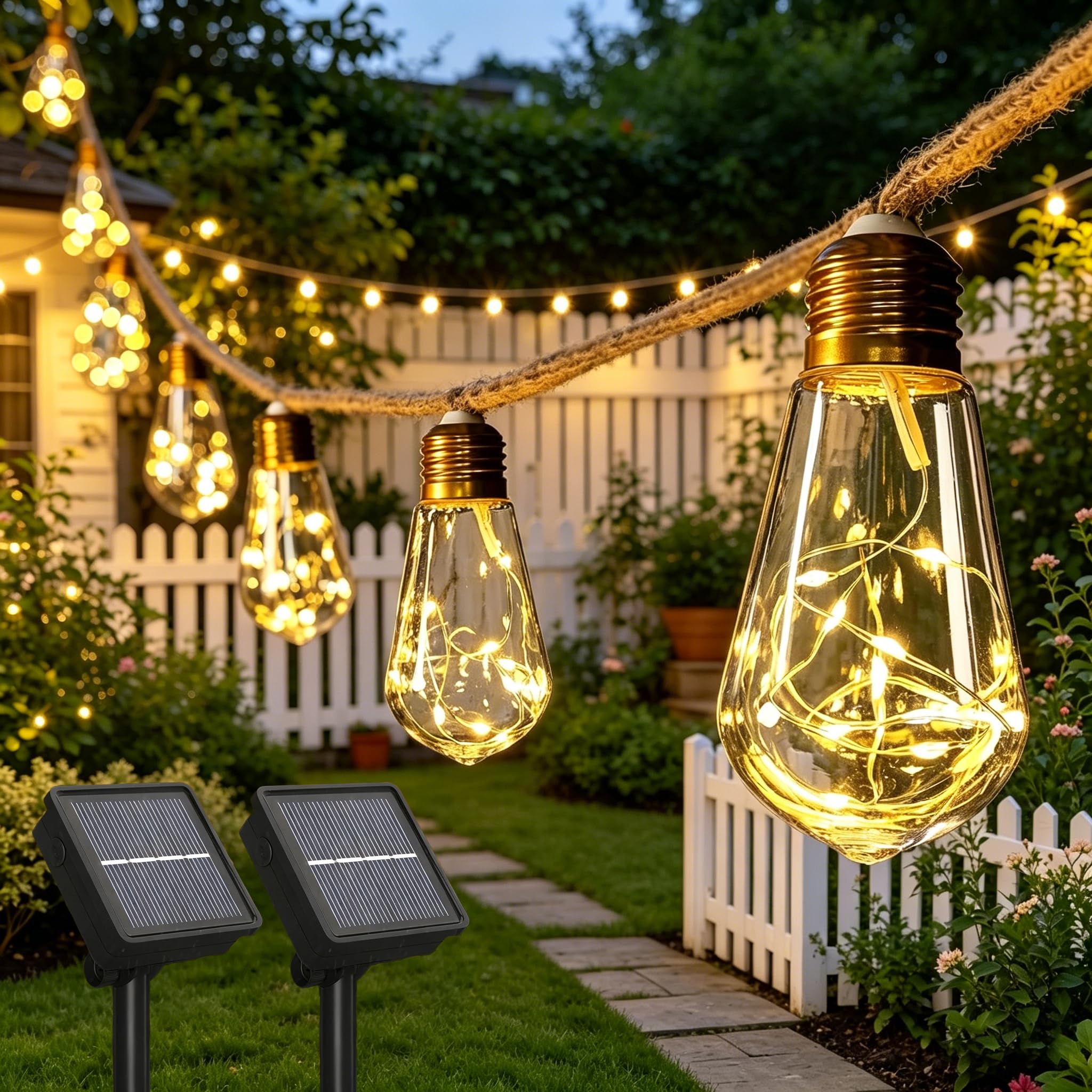 2 Pack Solar String Lights Outdoor Garden 11.2m Solar Powered Festoon Lights , 20 S14 Bulbs 200 LED Solar Garden Fairy Lights, 8 Modes IP65 Waterproof for Patio Yard Fence Party Gazebo Pergola Decor