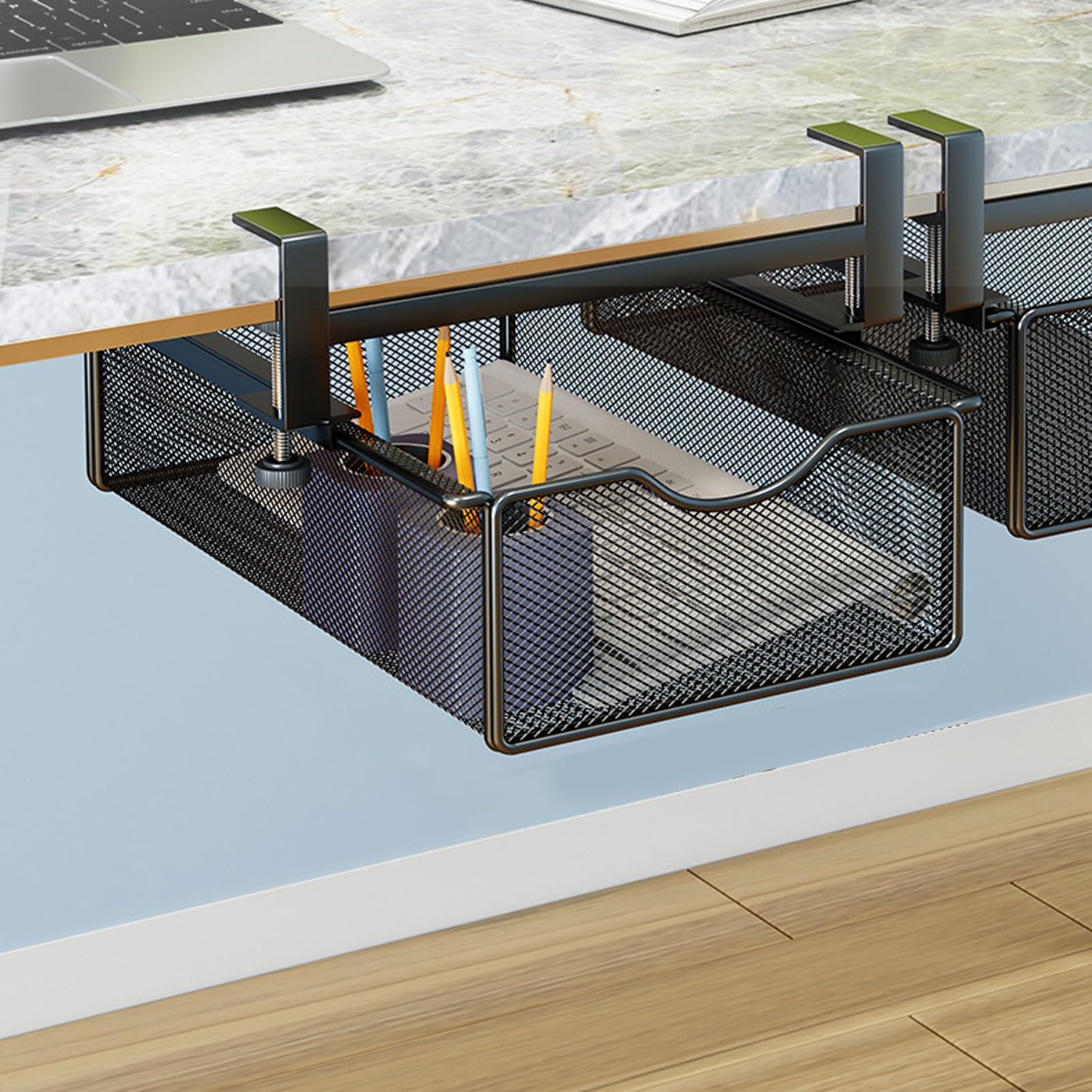 Brrnoo Cassetto Organizer Sotto la Scrivania, Vassoio Estraibile in | Acciaio Al Carbonio Antiruggine, Installazione a Morsetto Senza Fori, Adatto per Tavoli Fino a 3,8 Cm di spessore.