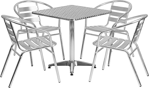 Flash Furniture Juego de mesa cuadrada de aluminio para interiores y exteriores de 275 pulgadas con 4 sillas traseras de listones Flash Furniture Juego de mesa cuadrada de aluminio para interiores y exteriores de 275 pulgadas con 4 sillas traseras de listones