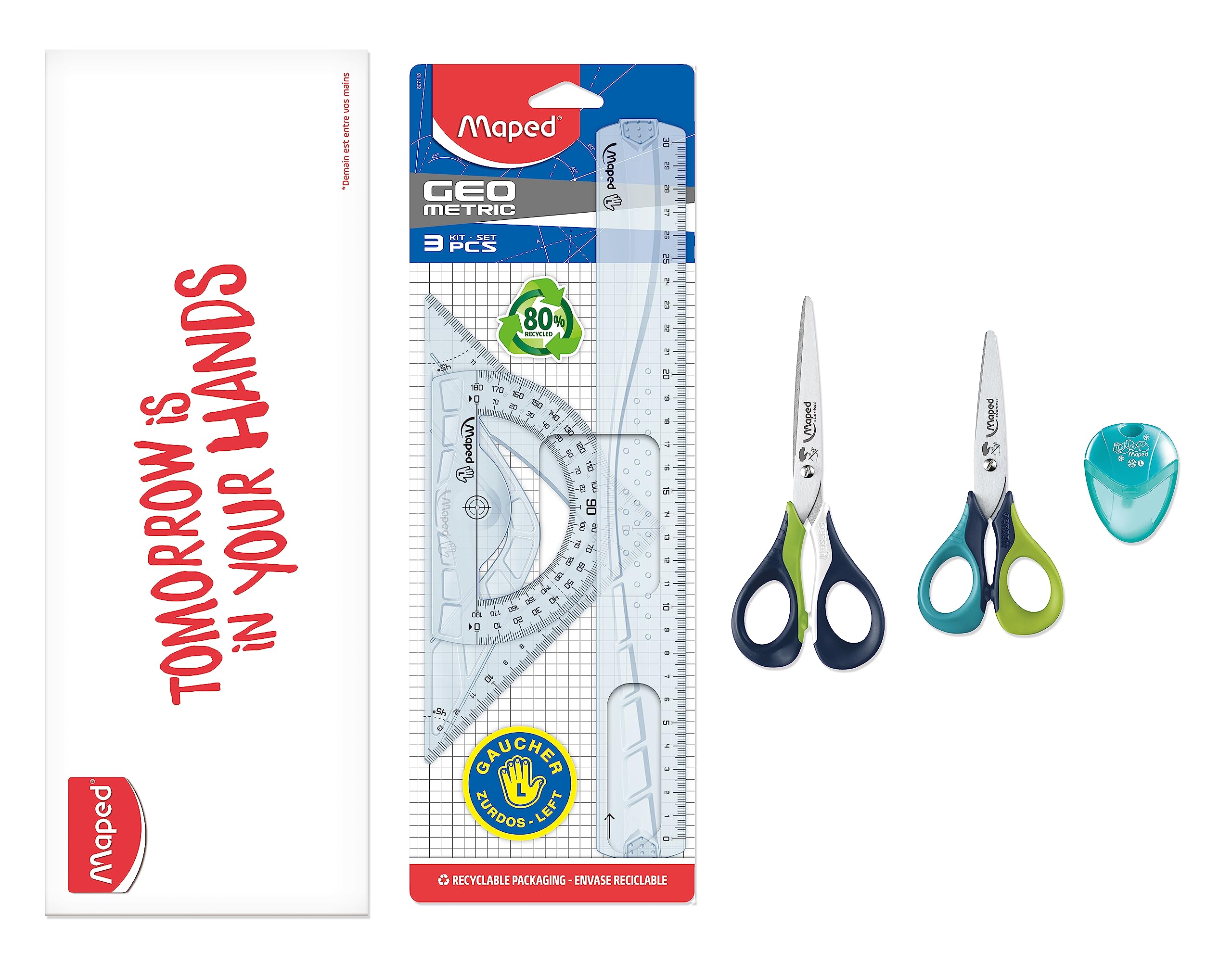 Maped - Juego de 1 kit de rastreo de 3 piezas + 1 sacapuntas Igloo verde + 1 tijeras Sensoft 13 cm verde/azul + 1 tijeras Sensoft 16 cm verde - Pack especial zurdos