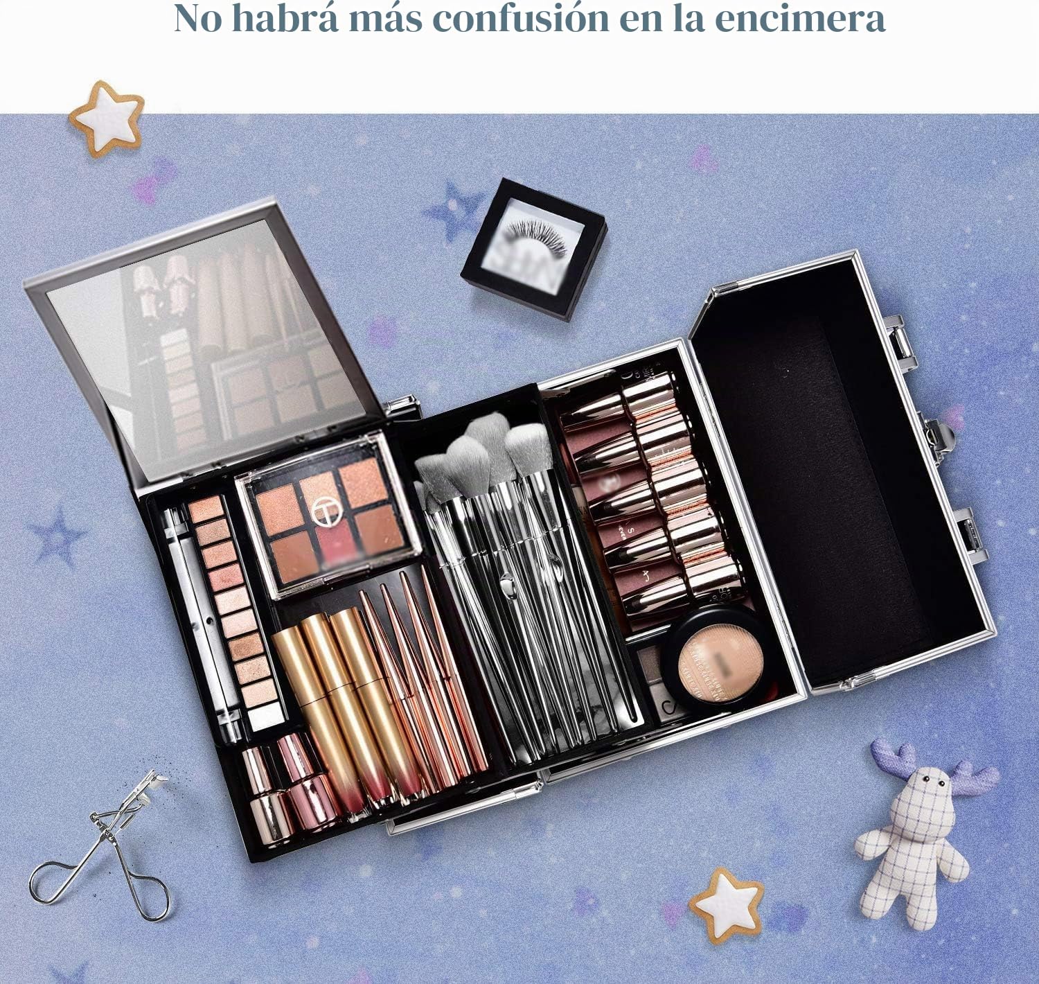 Joligrace Estuche organizador de maquillaje para cosméticos, caja de almacenamiento de belleza, caja de tocador con espejo con cerradura y llaves, Estrella holográfica blanca