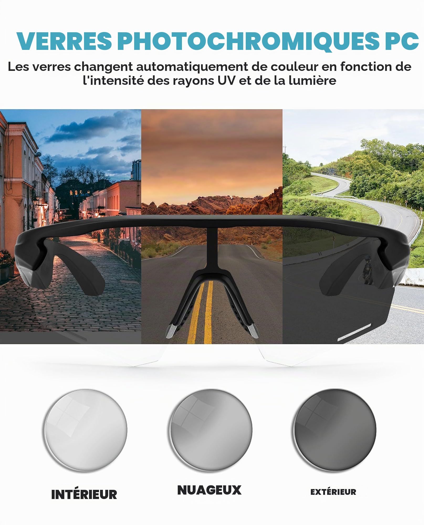 ROCKBROS Lunettes Soleil Sport Bluetooth Photochromiques UV400