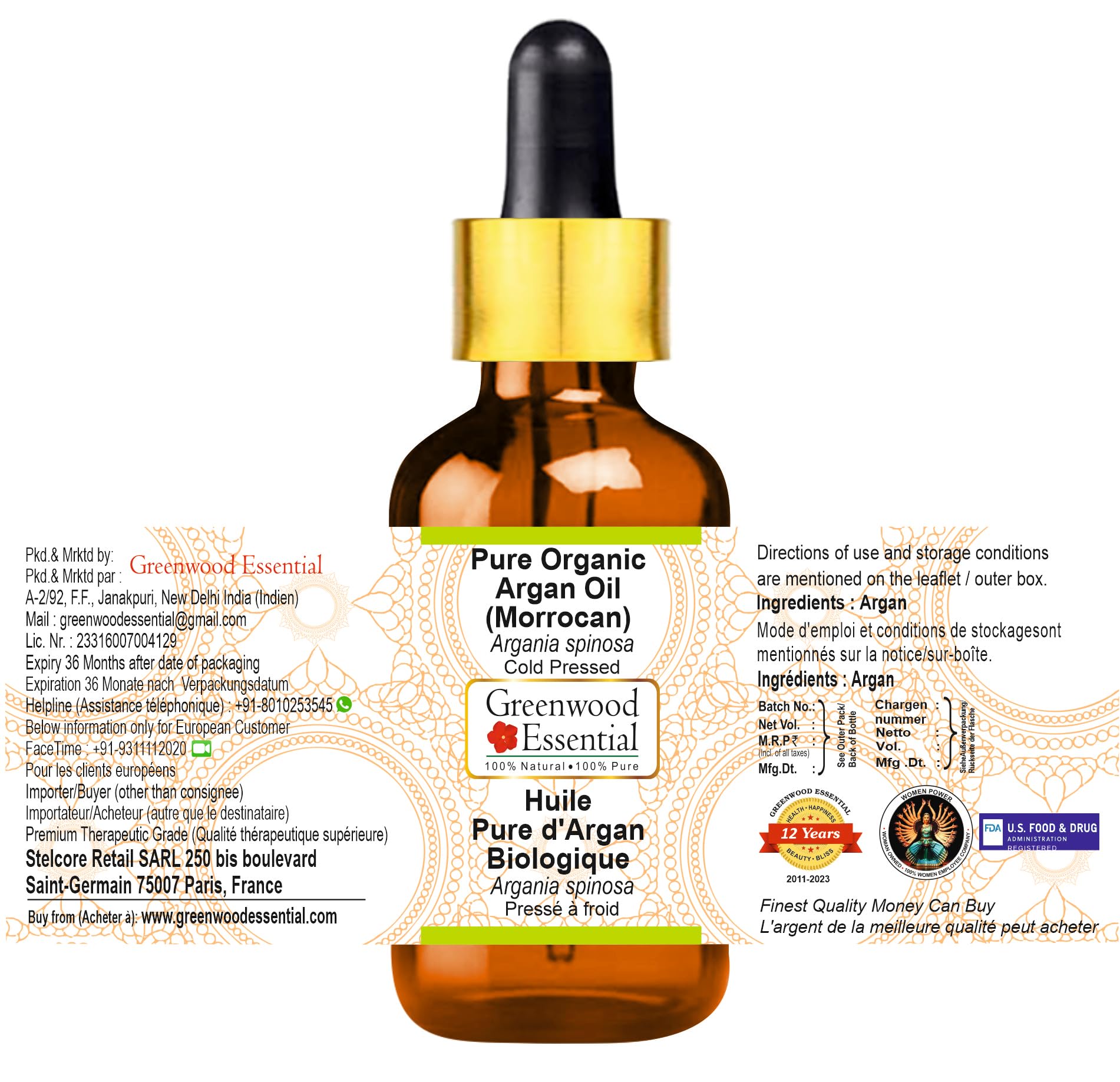 Greenwood Essential Olio di argan biologico naturale (marocchino). (Moroccan) con contagocce in vetro pressato a freddo 100 ml X 3 (10 oz)