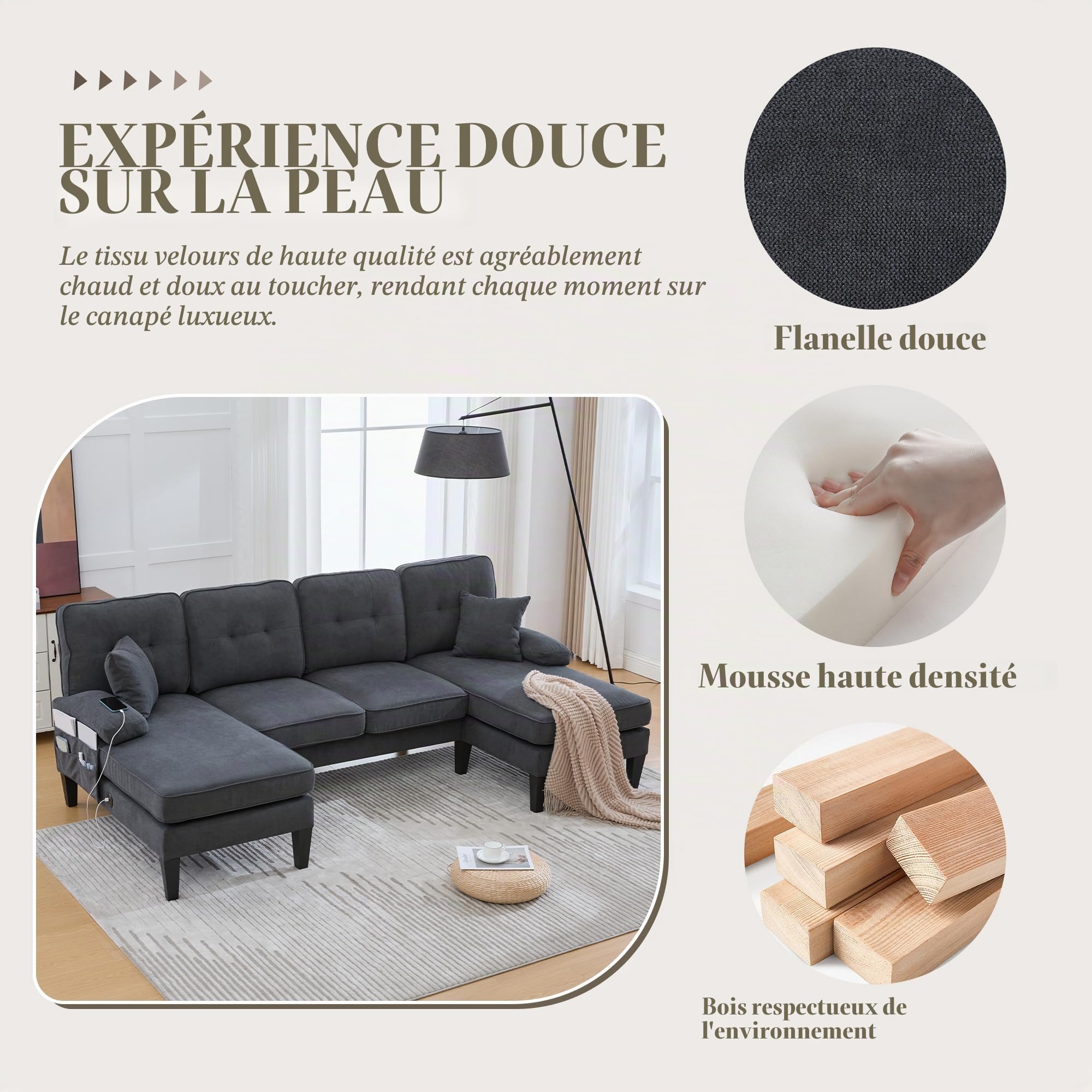 Canapé en U à 4 Places,Canapé d'angle en Forme U,Ports USB & Type-C,Poche Latérale,Structure en Bois Massif avec Coussin,Meuble de Salon Moderne,Lin