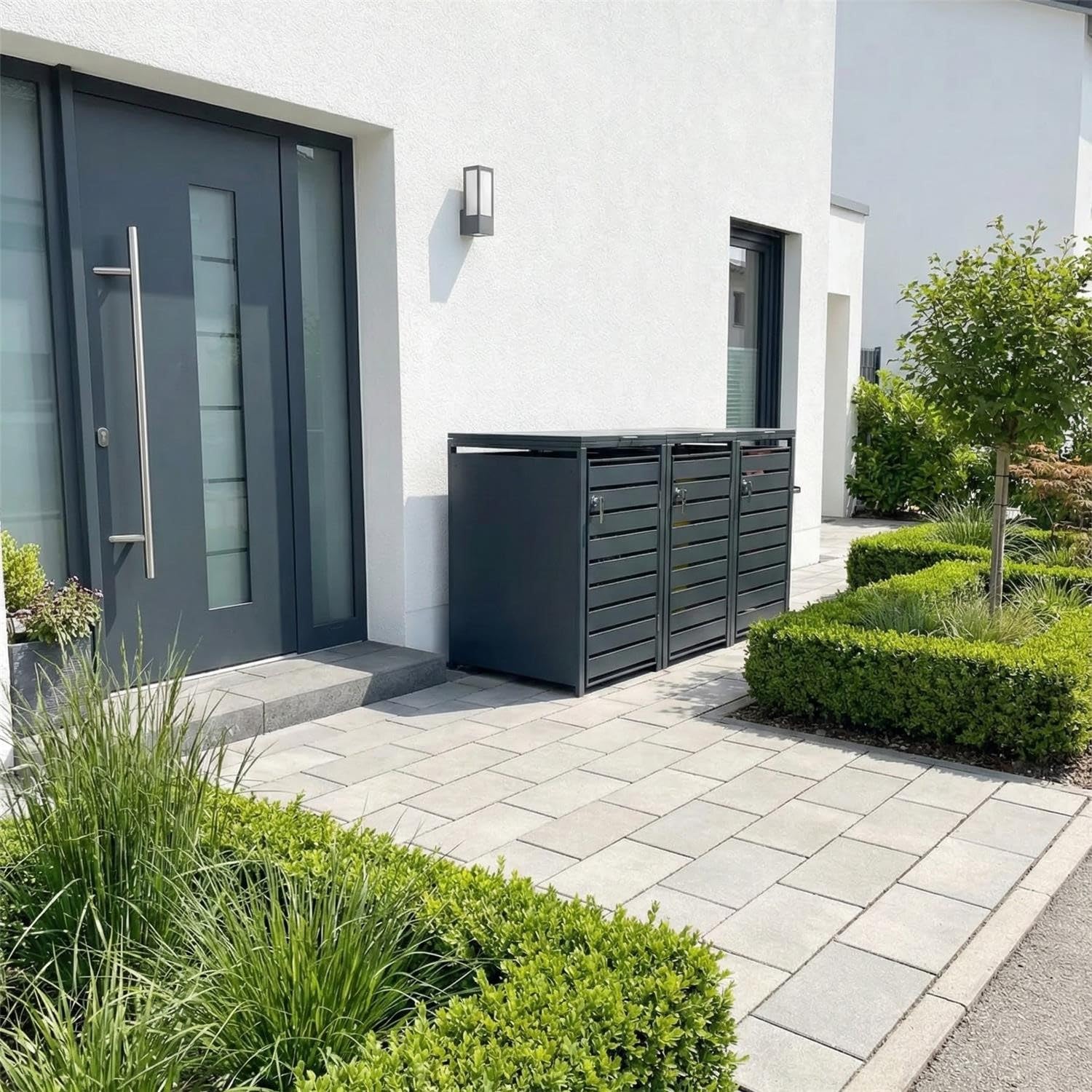 Metzler Mülltonnenbox in Anthrazit mit Sichtstreifen 3er 240L, Mülltonnenverkleidung 3 Tonnen, witterungsbeständiger und pulverbeschichteter Stahl mit Automatikdeckel, abschließbar, Garten- & Müllbox