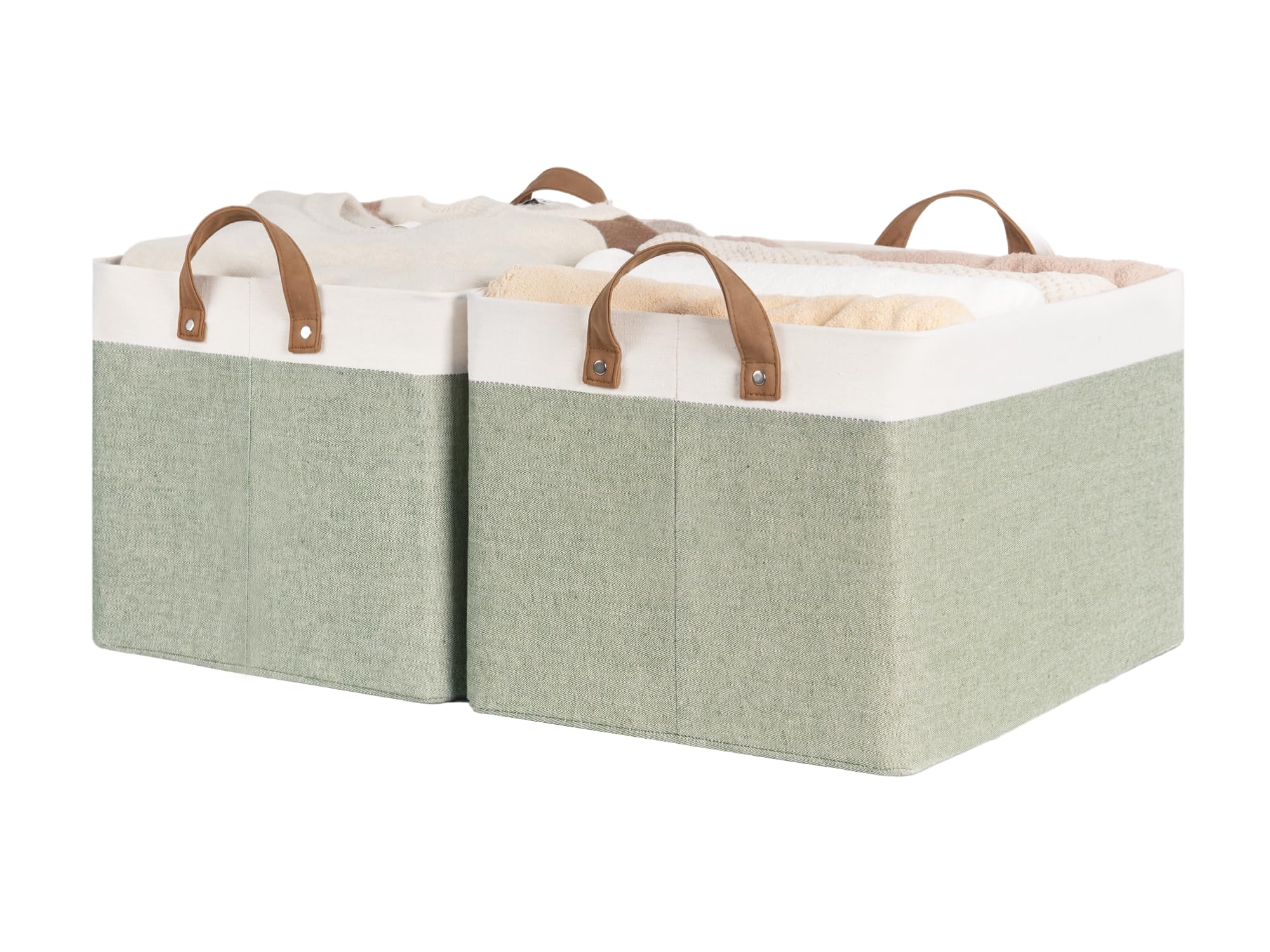 StorageWorks Storage Bins, Shelves Baskets for Organizing, Large Fabric Closet Organizers with Handles, Metal Frame, Green and White, 2-Pack