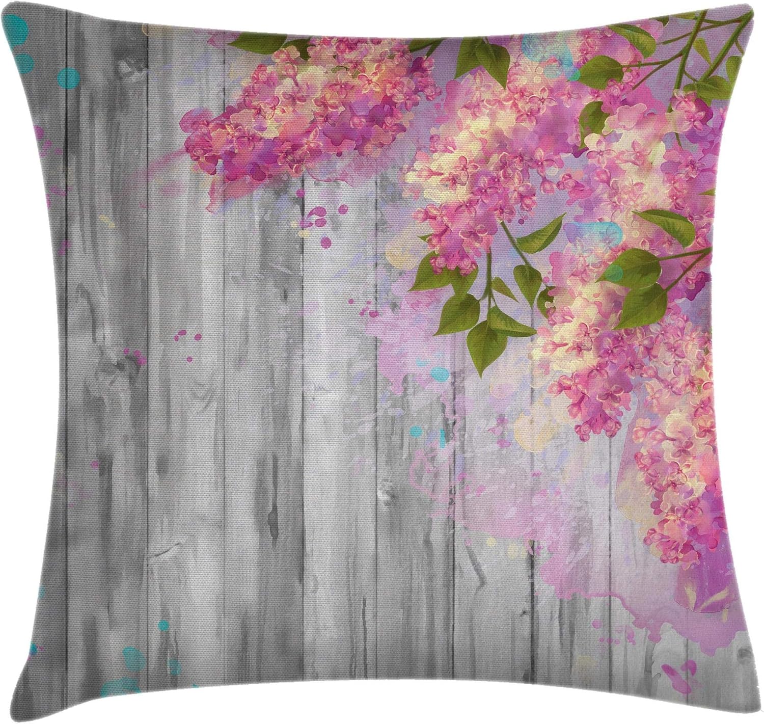 Ambesonne Flower Throw Pillow Cushion Cover, Floral Watercolor Style Effect Branches of Lilac Bloom on Wooden Background Print, Decorative Square Accent Pillow Case, 24" X 24", Grey Pink