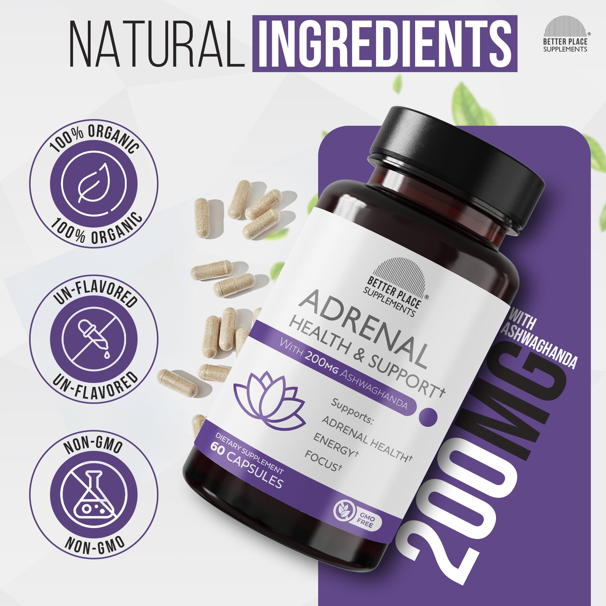 Better Place Supplements Adrenal Health & Support - 60 Capsules | Non-GMO Formula with L-Tyrosine & 200mg Ashwagandha | Supports Energy, Focus, Fatigue Relief (1) — Amazon image 4